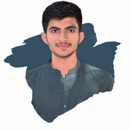 Portrait of a young man smiling, wearing a dark grey shirt with a mandarin collar, against a white background with a dark blue brushstroke behind him.