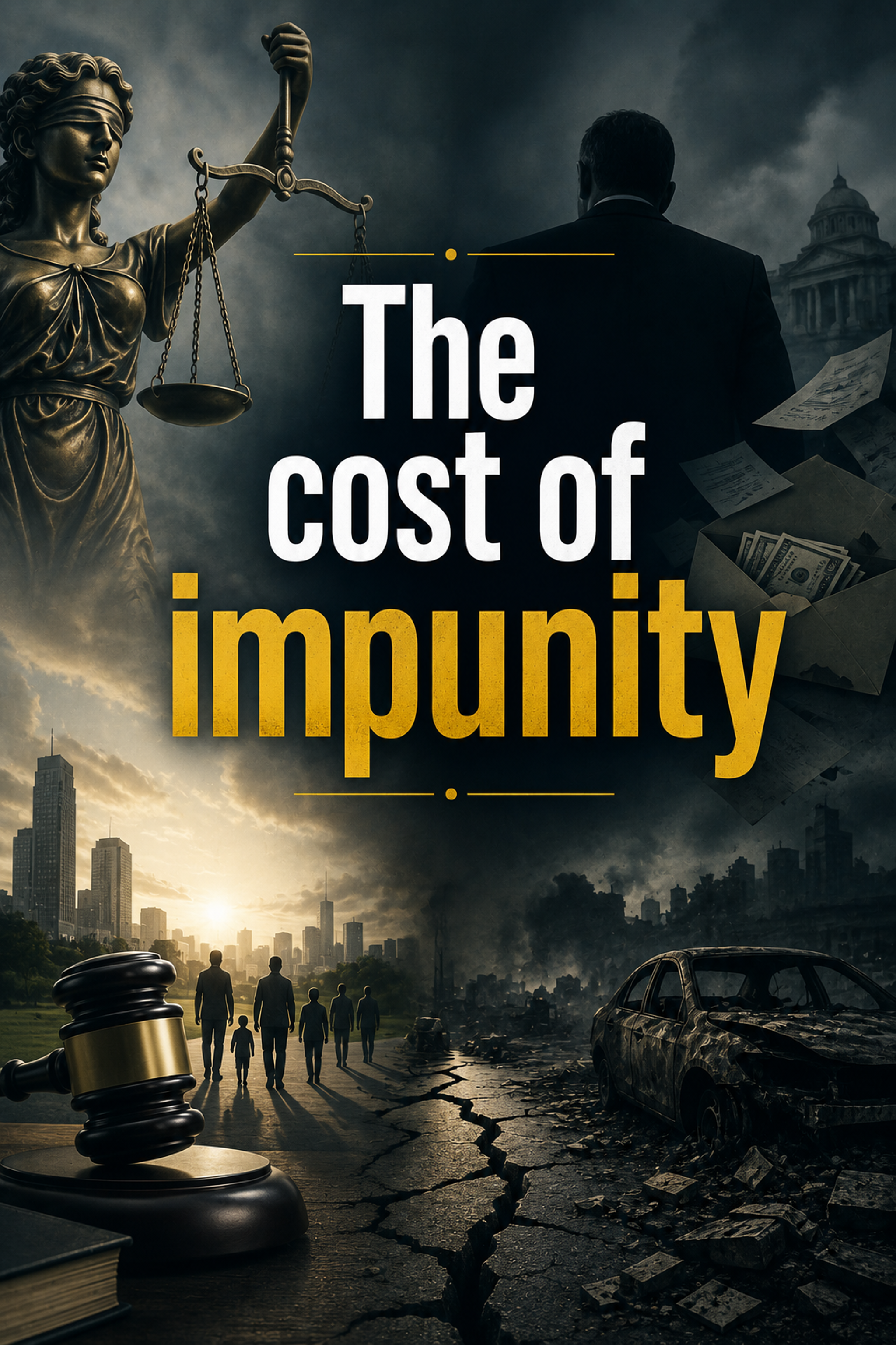 An image split down the middle with text "The cost of impunity." The left depicts Lady Justice, a sunset city, and people walking. The right shows a desolate, smoke-filled ruined city and a burnt car.