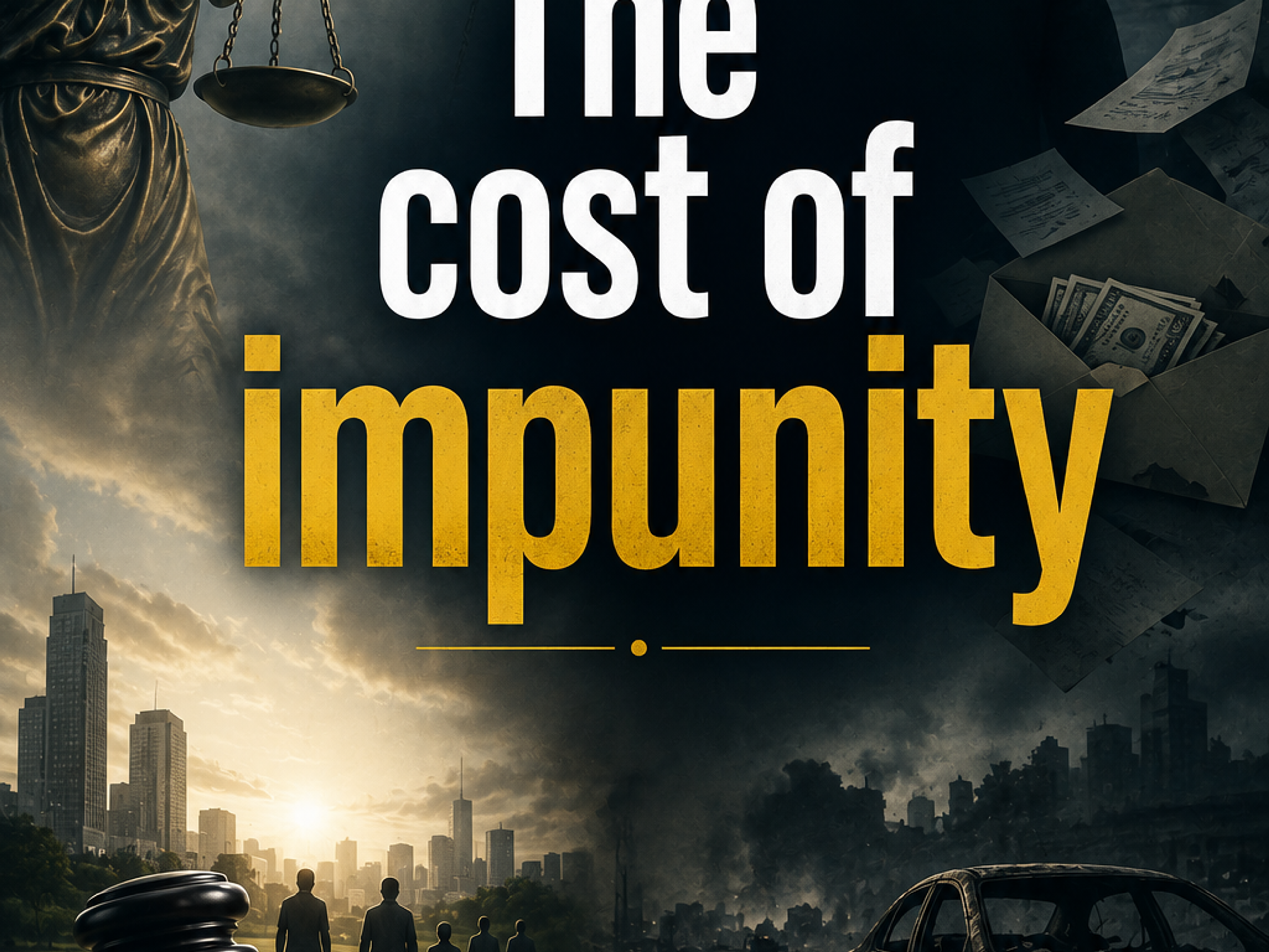 An image split down the middle with text "The cost of impunity." The left depicts Lady Justice, a sunset city, and people walking. The right shows a desolate, smoke-filled ruined city and a burnt car.