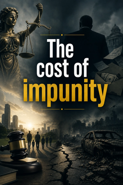 An image split down the middle with text "The cost of impunity." The left depicts Lady Justice, a sunset city, and people walking. The right shows a desolate, smoke-filled ruined city and a burnt car.