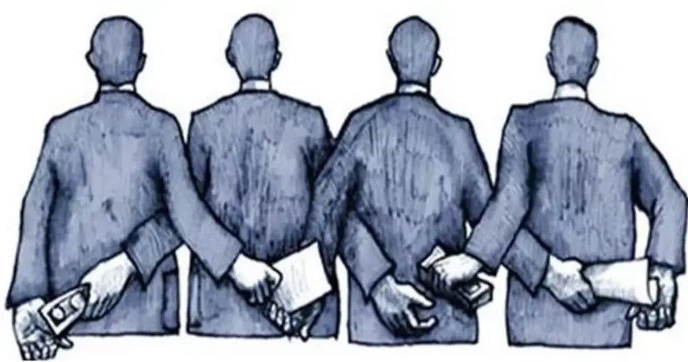 Four men in suits, seen from behind, secretly exchange money and papers with each other behind their backs.