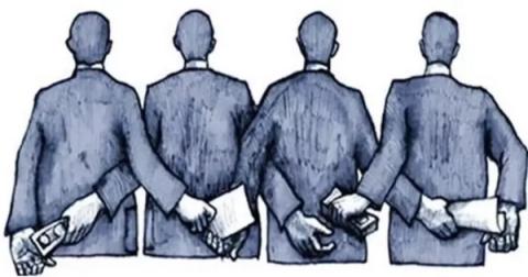 Four men in suits, seen from behind, secretly exchange money and papers with each other behind their backs.