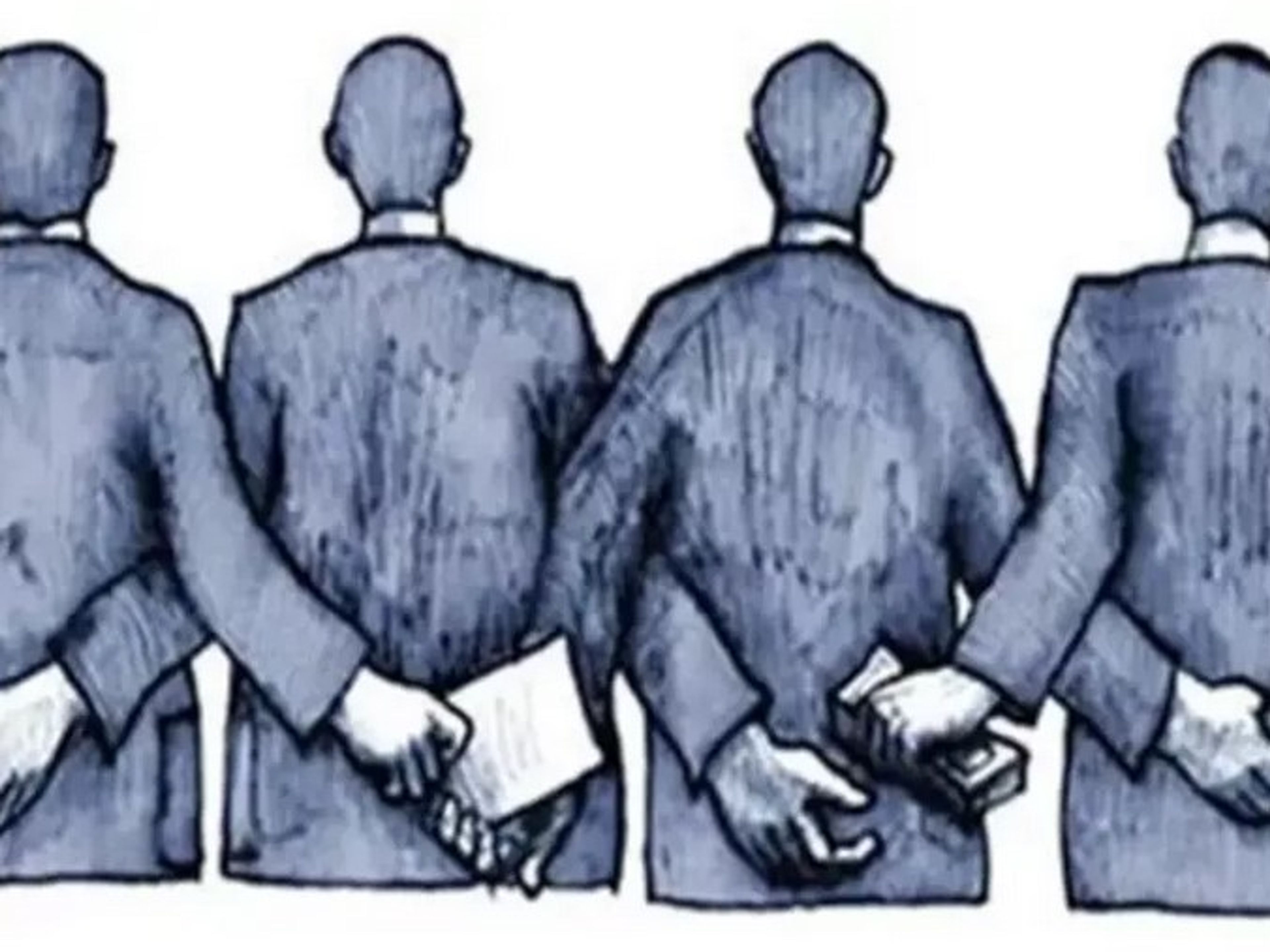 Four men in suits, seen from behind, secretly exchange money and papers with each other behind their backs.