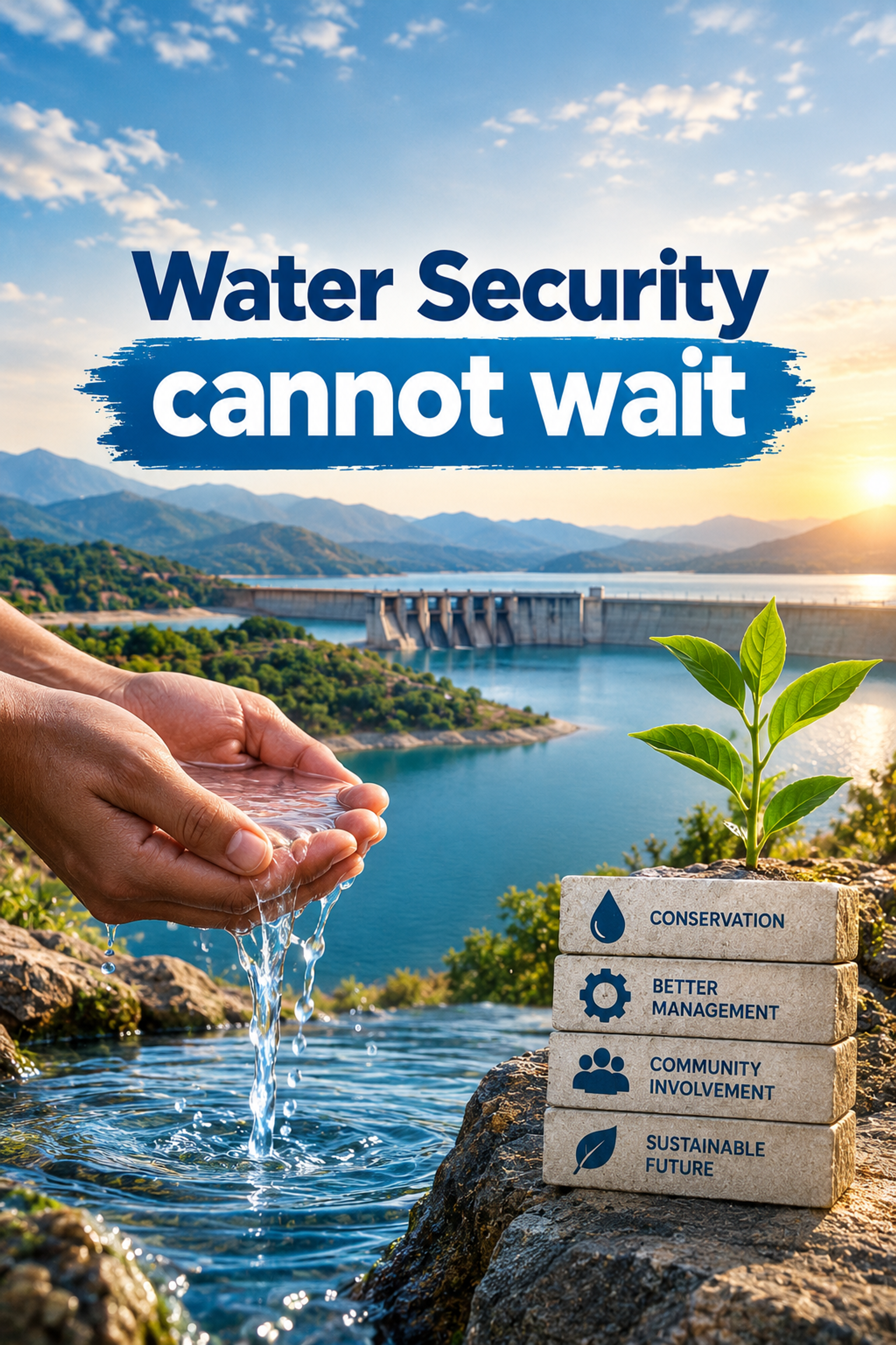 Hands cup fresh water against a backdrop of a dam, lake, and mountains. Overlay text reads "Water Security cannot wait." A stack of blocks lists Conservation, Better Management, Community Involvement, and Sustainable Future, with a small plant growing from the top.