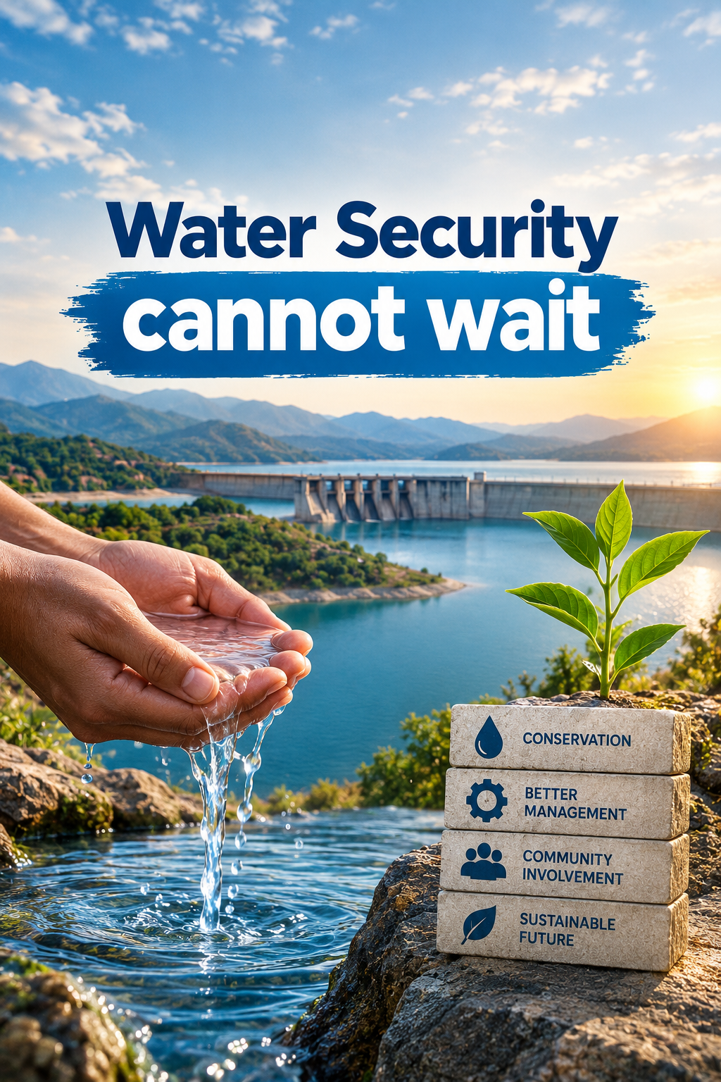 Hands cup fresh water against a backdrop of a dam, lake, and mountains. Overlay text reads "Water Security cannot wait." A stack of blocks lists Conservation, Better Management, Community Involvement, and Sustainable Future, with a small plant growing from the top.