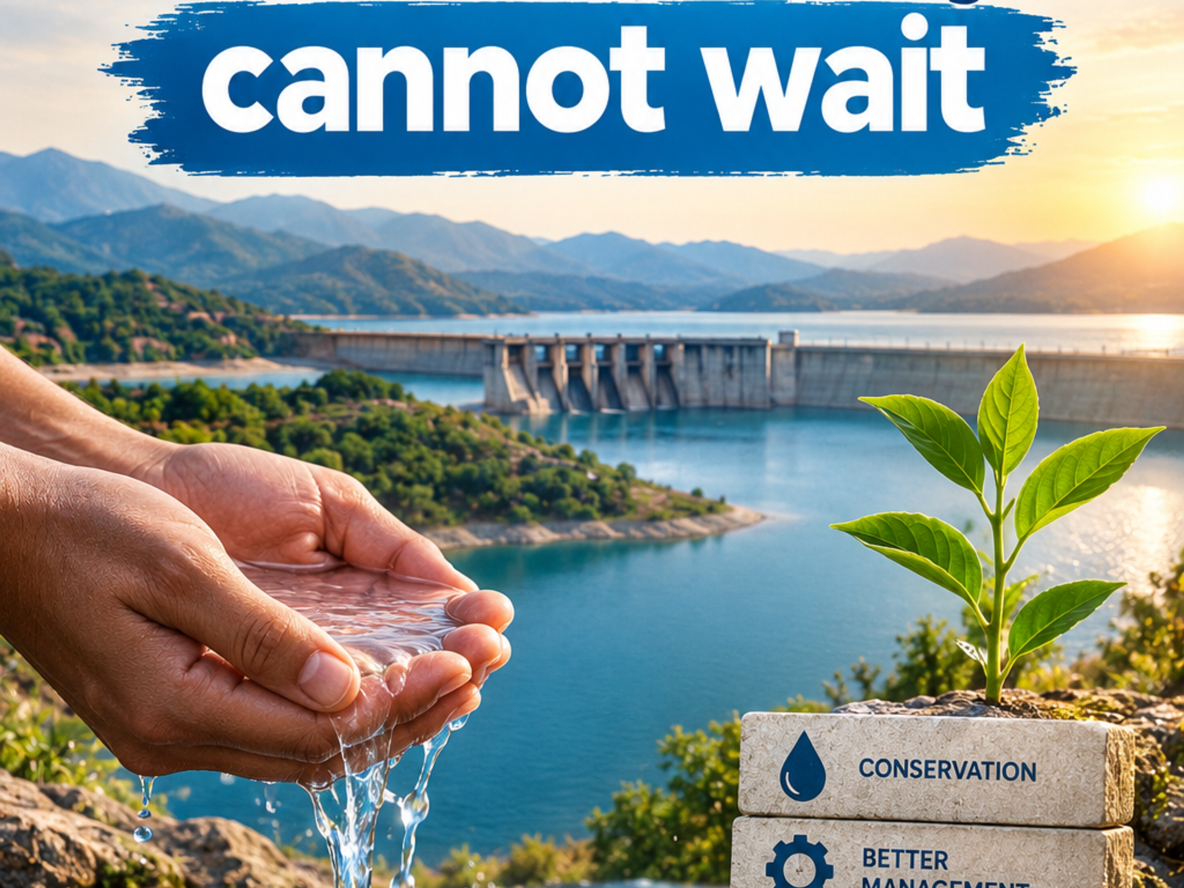 Hands cup fresh water against a backdrop of a dam, lake, and mountains. Overlay text reads "Water Security cannot wait." A stack of blocks lists Conservation, Better Management, Community Involvement, and Sustainable Future, with a small plant growing from the top.