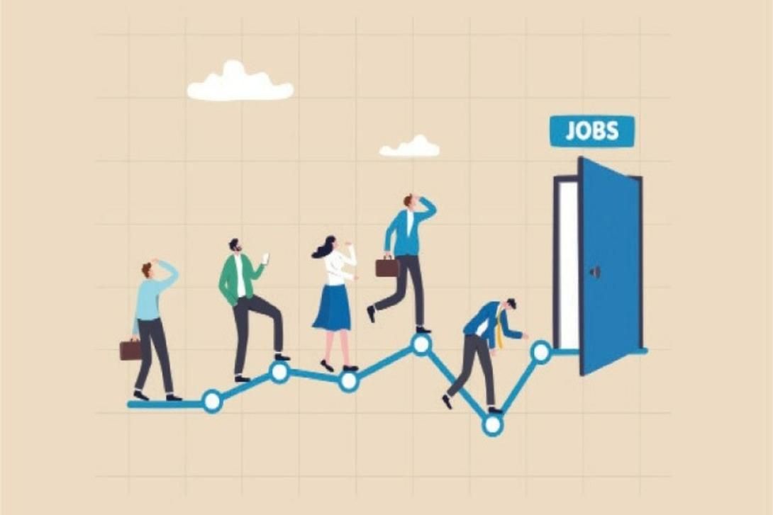 Illustration of several people walking on a fluctuating line graph towards an open door labeled "JOBS".