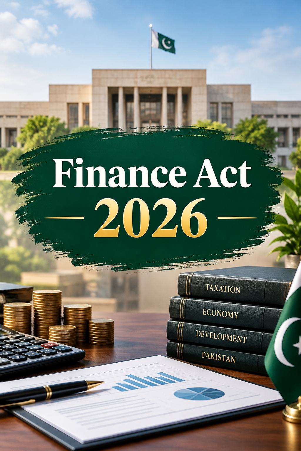 "Finance Act 2026" text on a green background, with a government building and Pakistan flag in the background, and financial items like books, coins, and charts on a desk in the foreground.