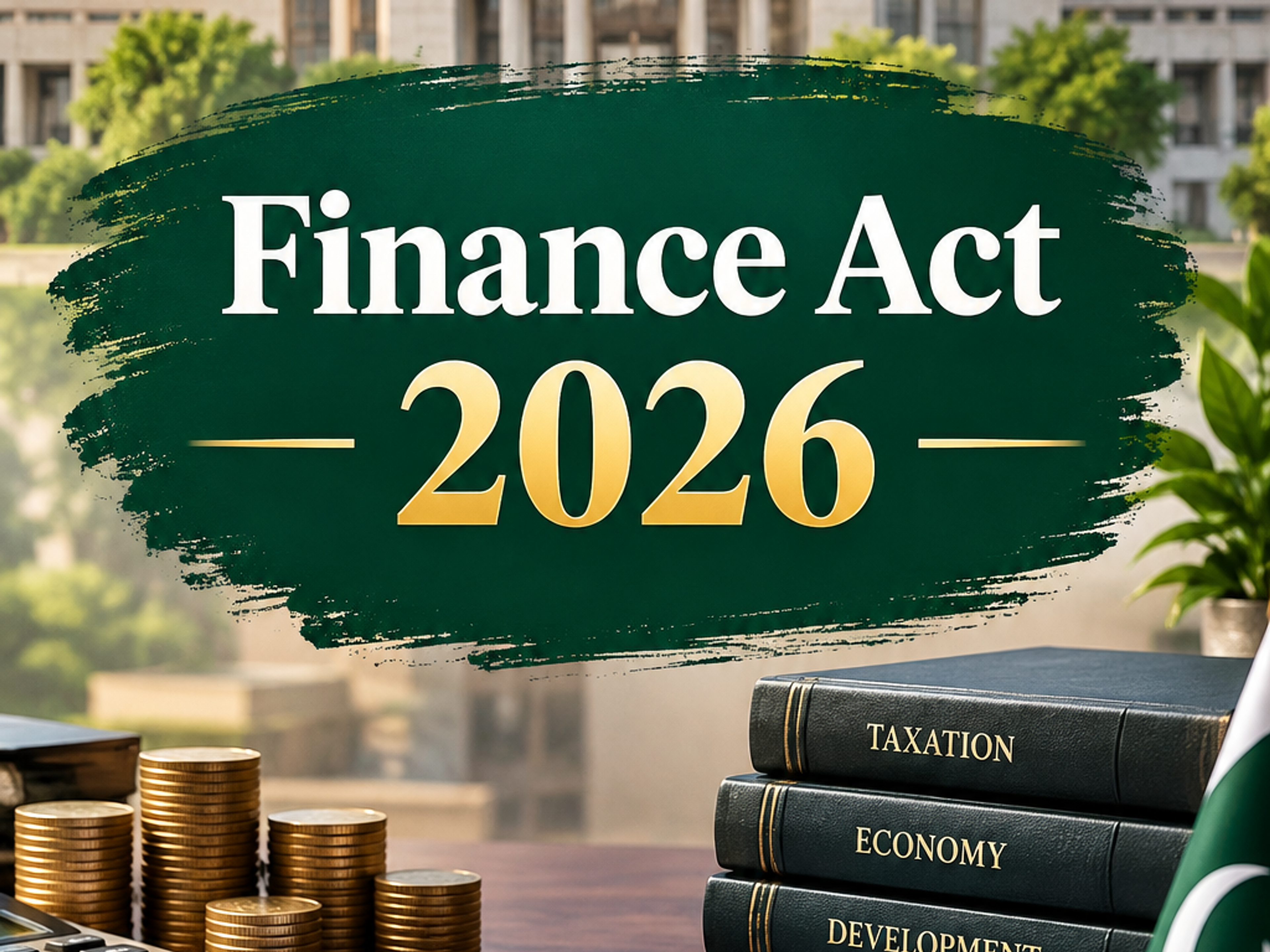 "Finance Act 2026" text on a green background, with a government building and Pakistan flag in the background, and financial items like books, coins, and charts on a desk in the foreground.