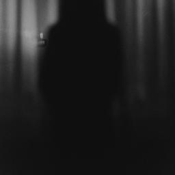 Dark, blurry silhouette of a person against a textured background in black and white.