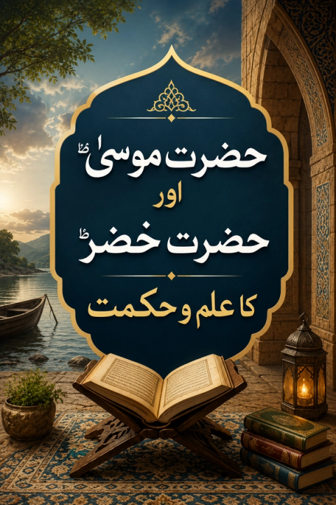 An ornate blue and gold banner with Arabic/Urdu text "The Knowledge and Wisdom of Prophet Moses and Al-Khidr," over an open book on a stand, stacked books, and a lit lantern on a rug, by a river with a boat and a stone archway.