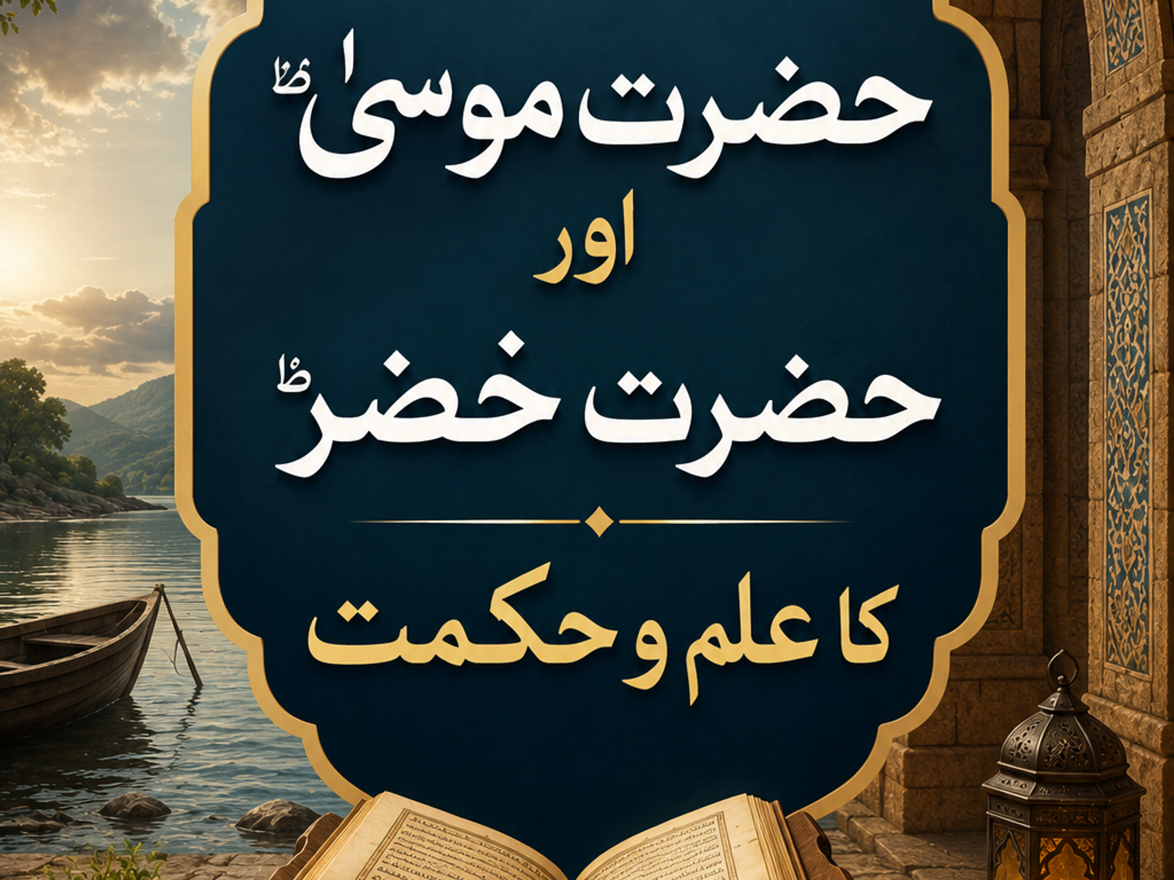An ornate blue and gold banner with Arabic/Urdu text "The Knowledge and Wisdom of Prophet Moses and Al-Khidr," over an open book on a stand, stacked books, and a lit lantern on a rug, by a river with a boat and a stone archway.