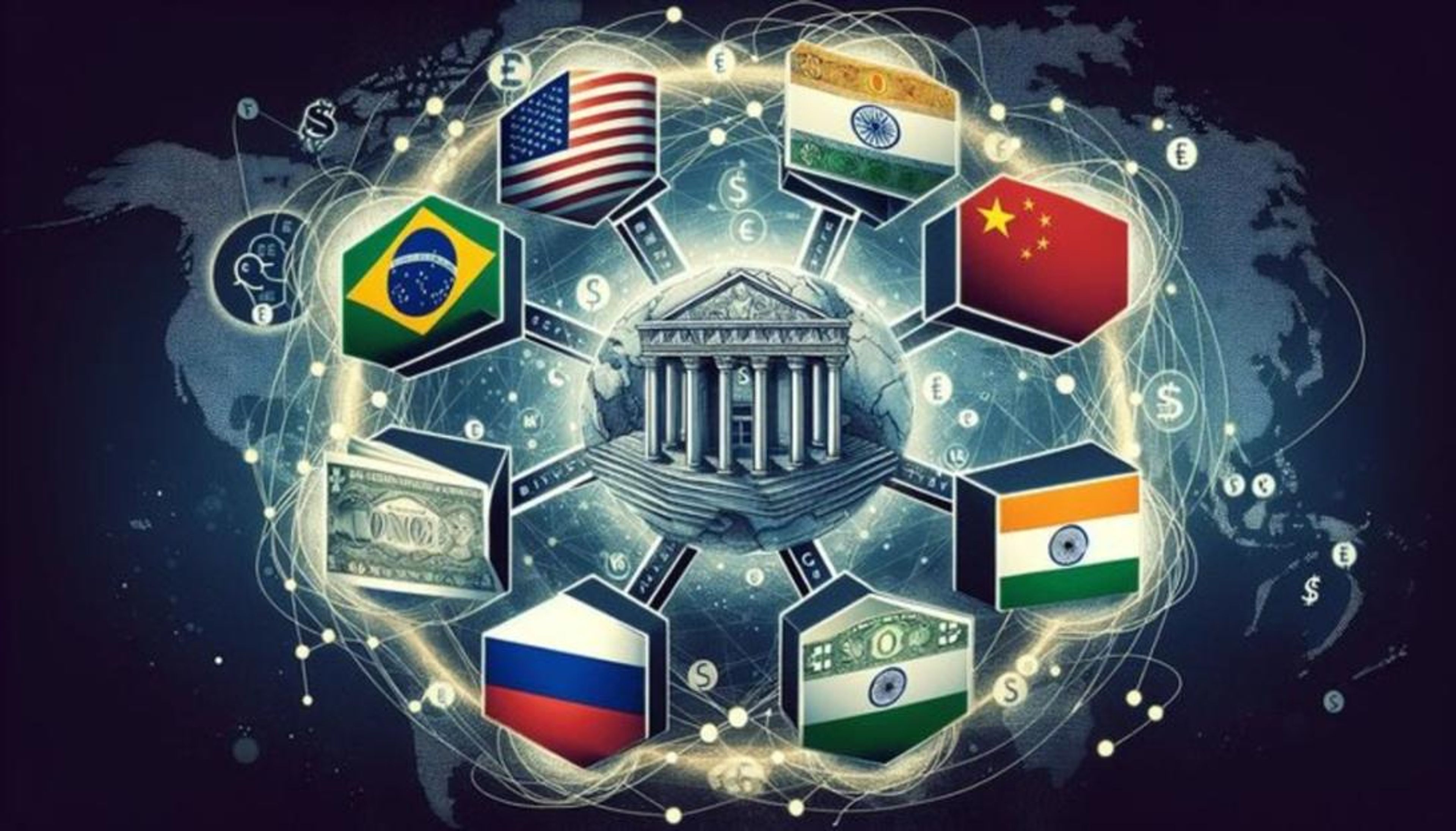 A central bank building at the core of a global network, connected to hexagons featuring flags of the USA, Brazil, Russia, China, India, and currency.