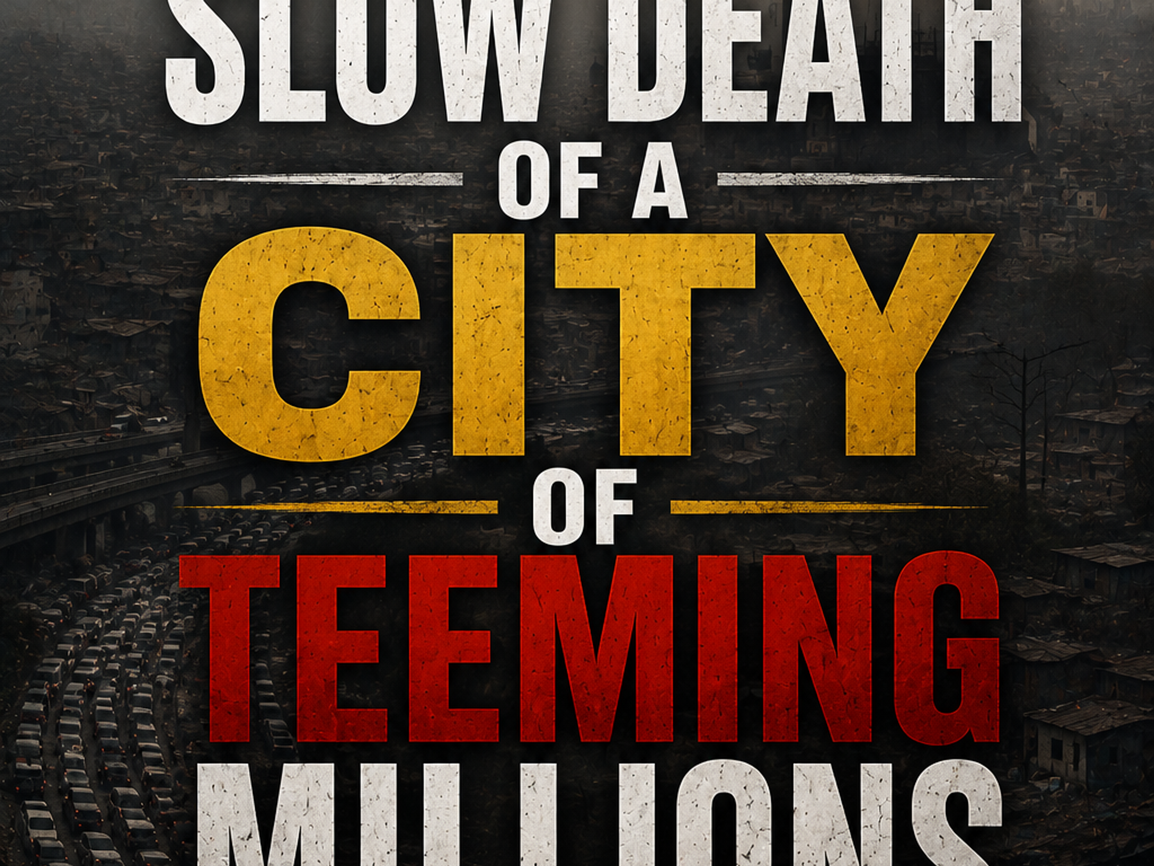 Polluted, overcrowded city with a smokestack, slums, heavy traffic, and a garbage-filled river. Title: 'SLOW DEATH OF A CITY OF TEEMING MILLIONS'.