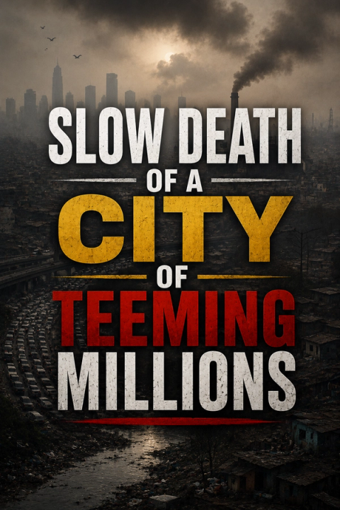 Polluted, overcrowded city with a smokestack, slums, heavy traffic, and a garbage-filled river. Title: 'SLOW DEATH OF A CITY OF TEEMING MILLIONS'.
