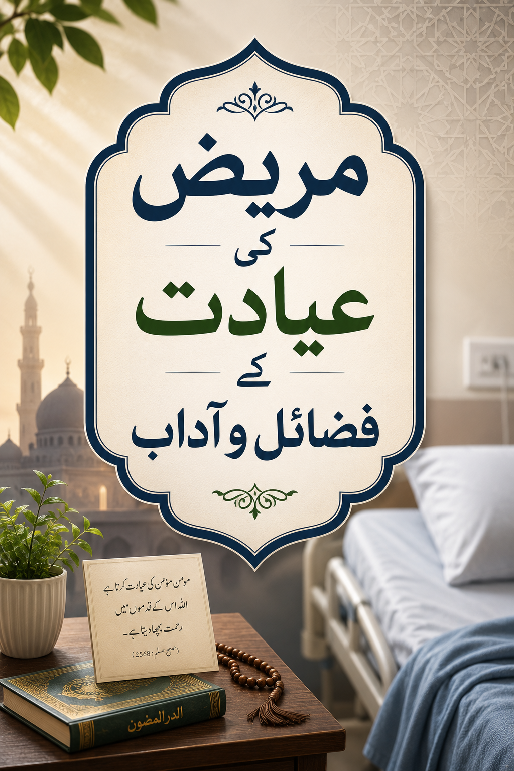Urdu calligraphy about the virtues of visiting the sick, overlaid on a mosque and hospital bed scene with religious items.