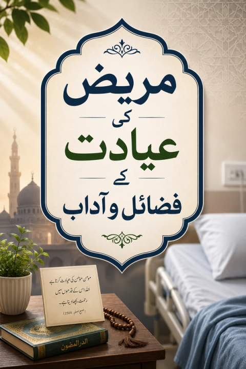 Urdu calligraphy about the virtues of visiting the sick, overlaid on a mosque and hospital bed scene with religious items.
