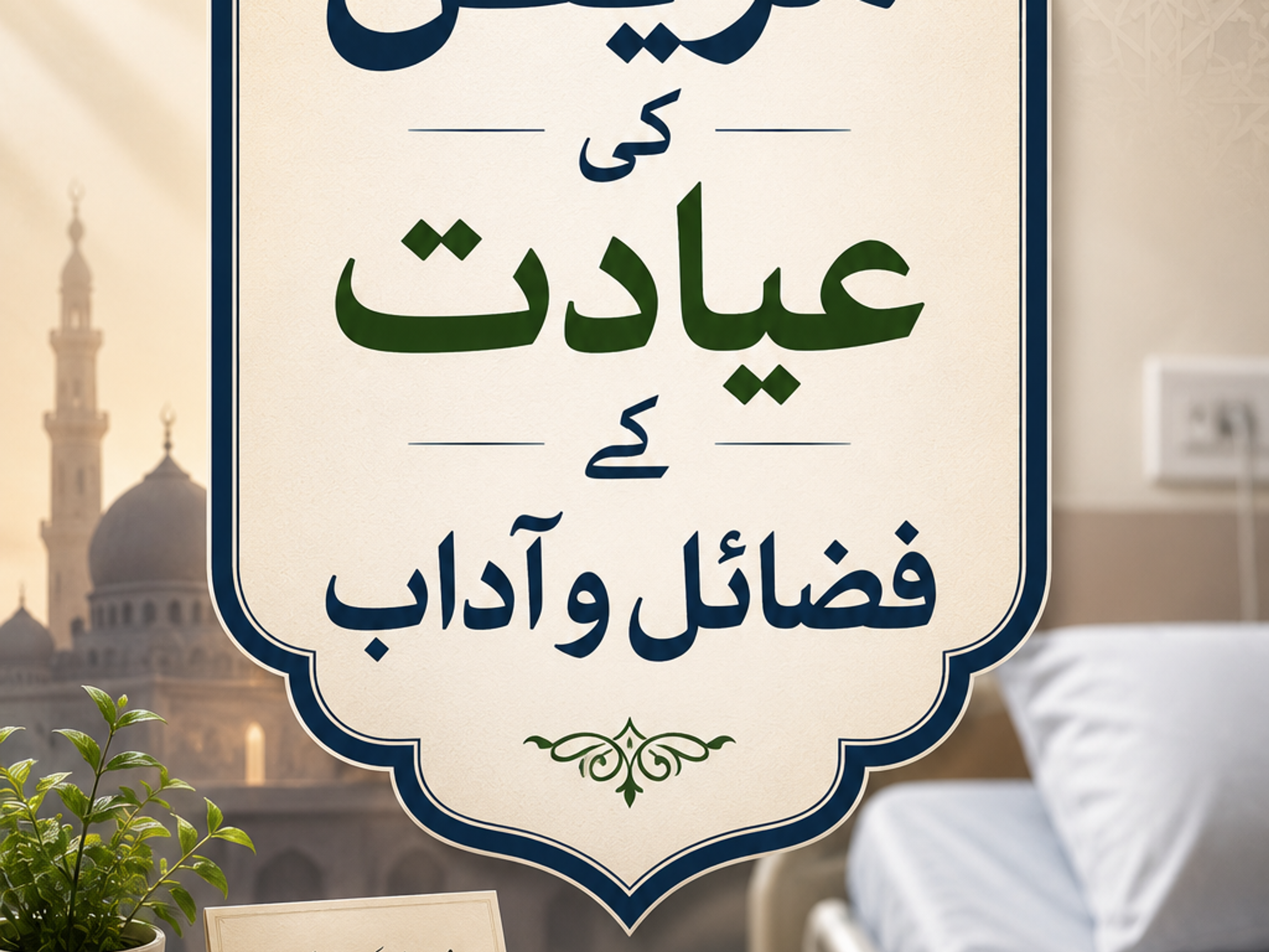 Urdu calligraphy about the virtues of visiting the sick, overlaid on a mosque and hospital bed scene with religious items.