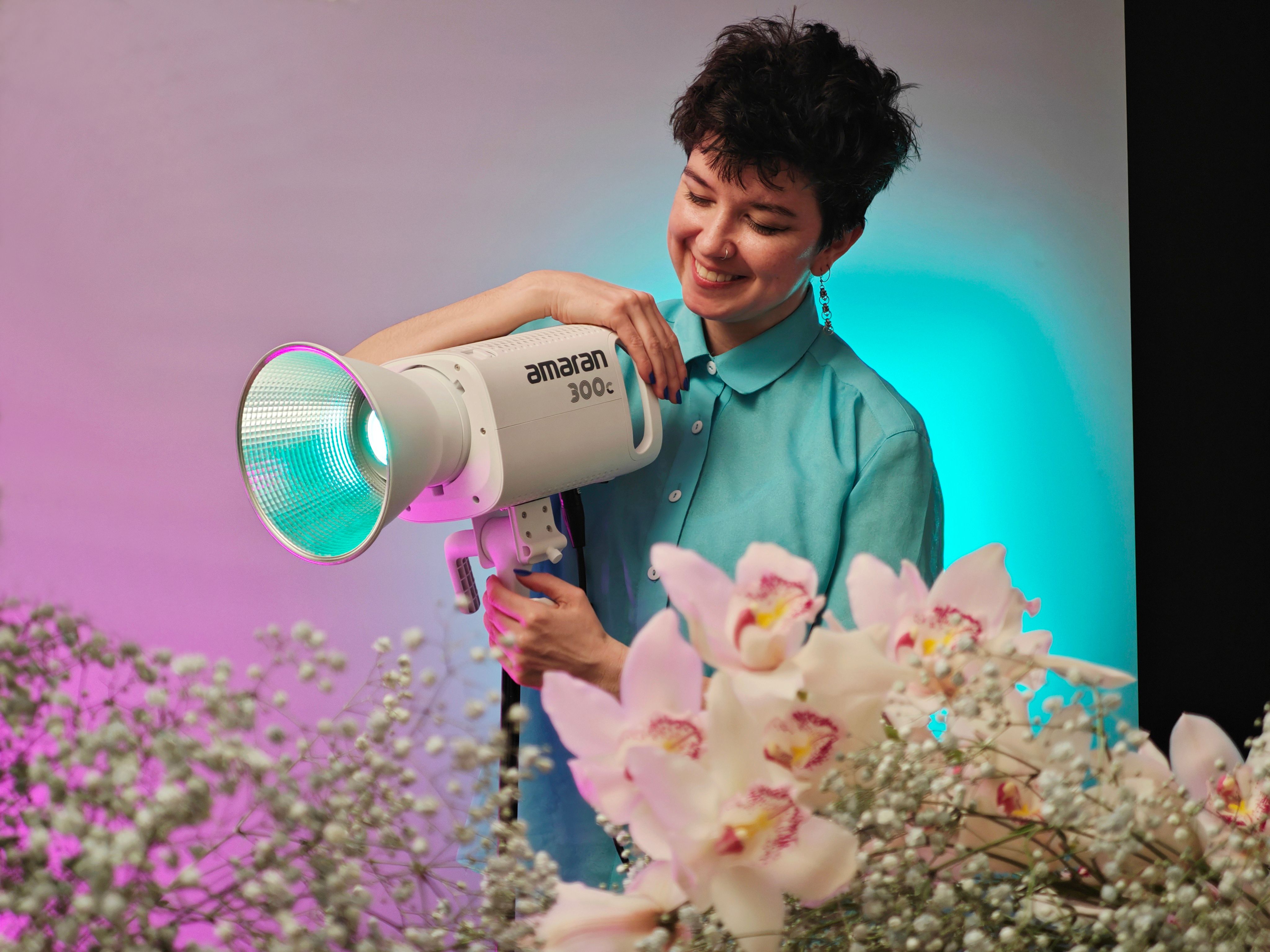 Person with megaphone and creative lighting
