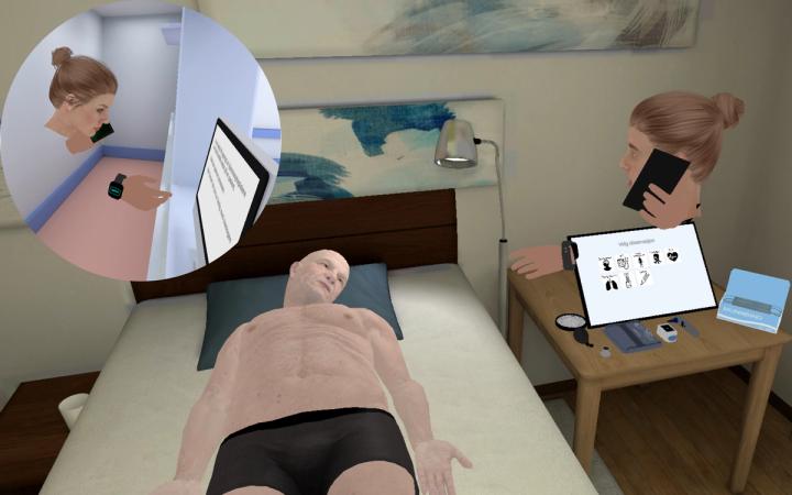 To virtuelle avatarer som diskuterer via telefon hva de skal gjøre med en virtuell pasient som er akutt syk.