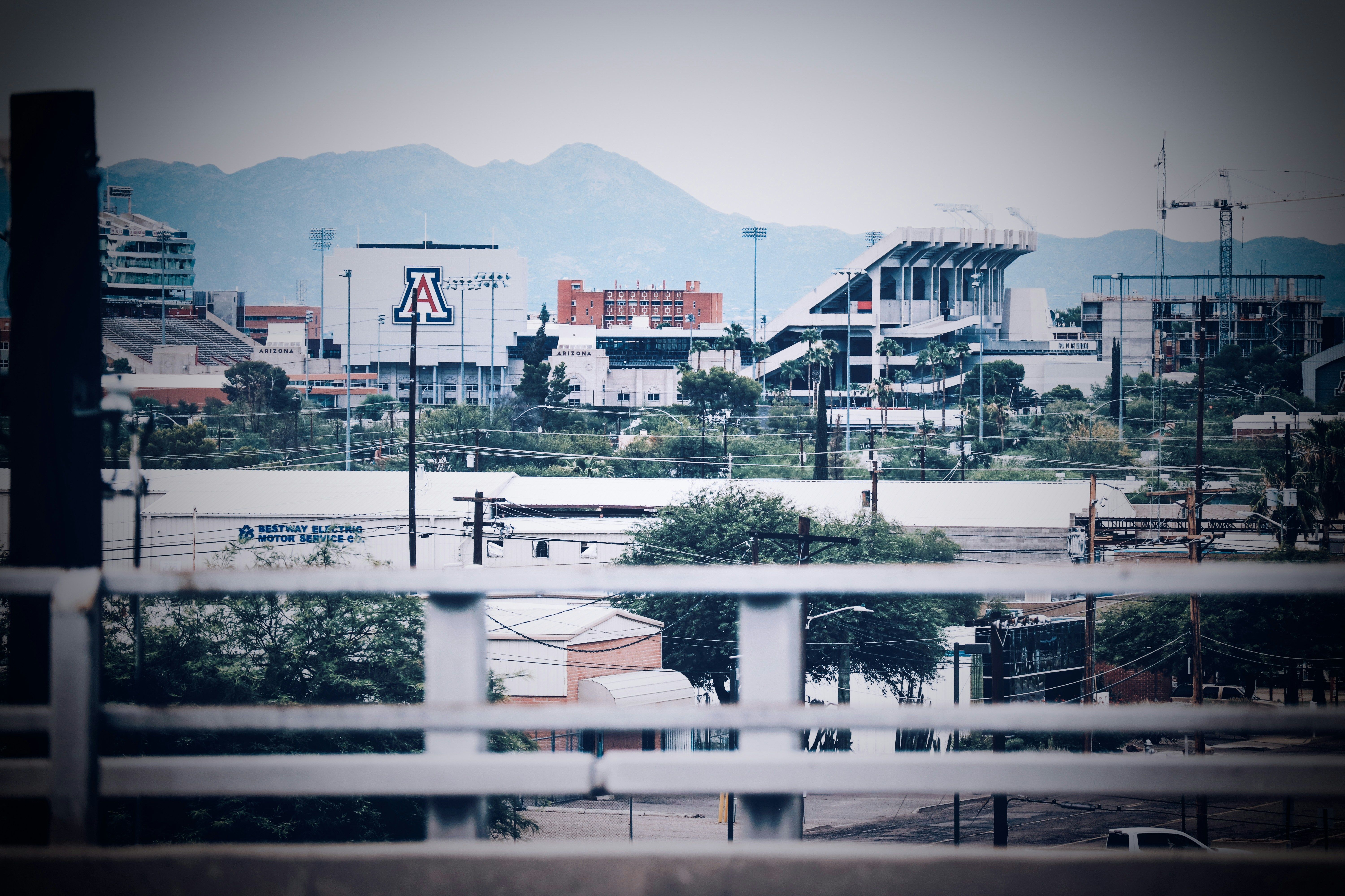 A city with a mountain in the background