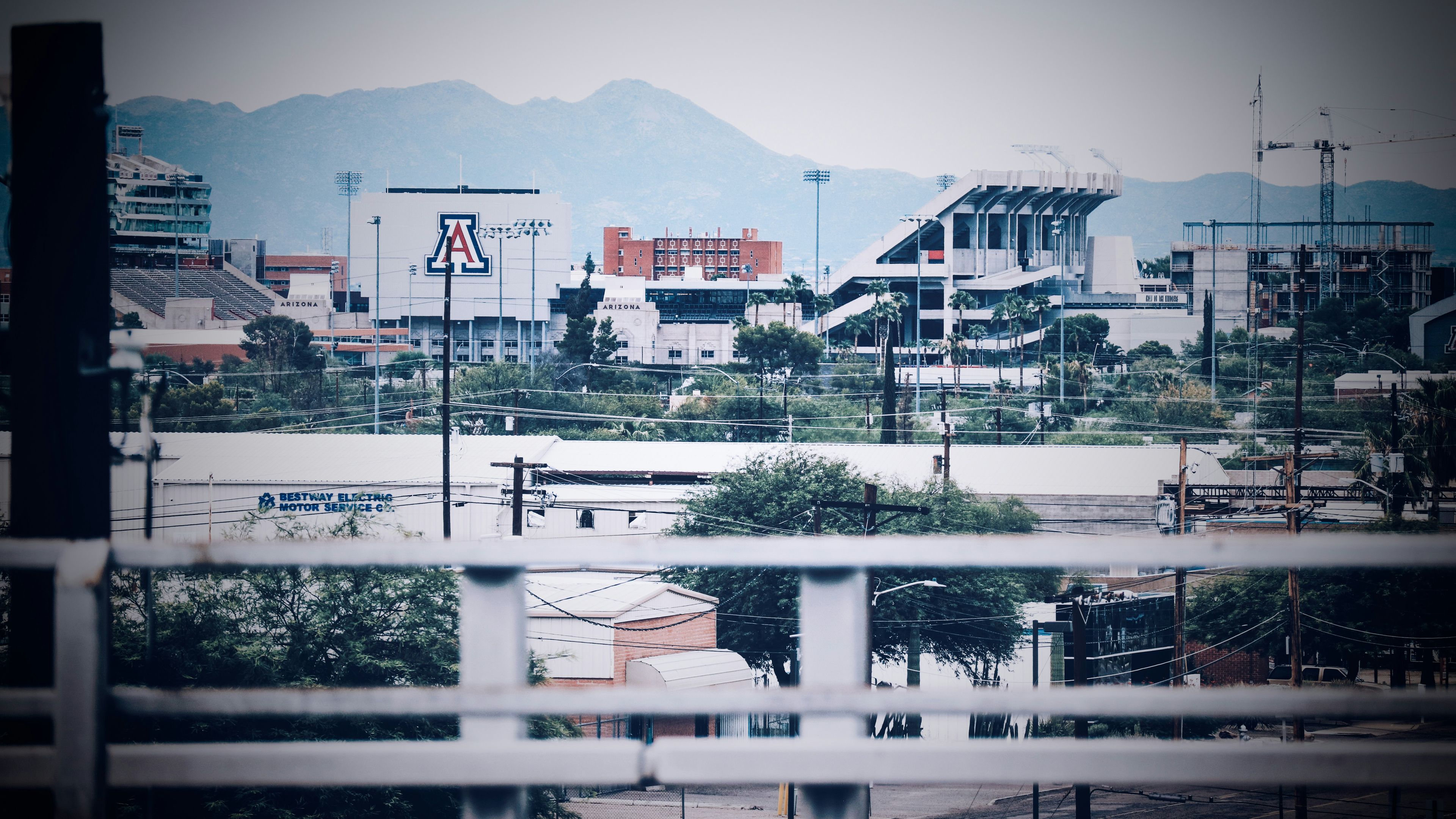 A city with a mountain in the background