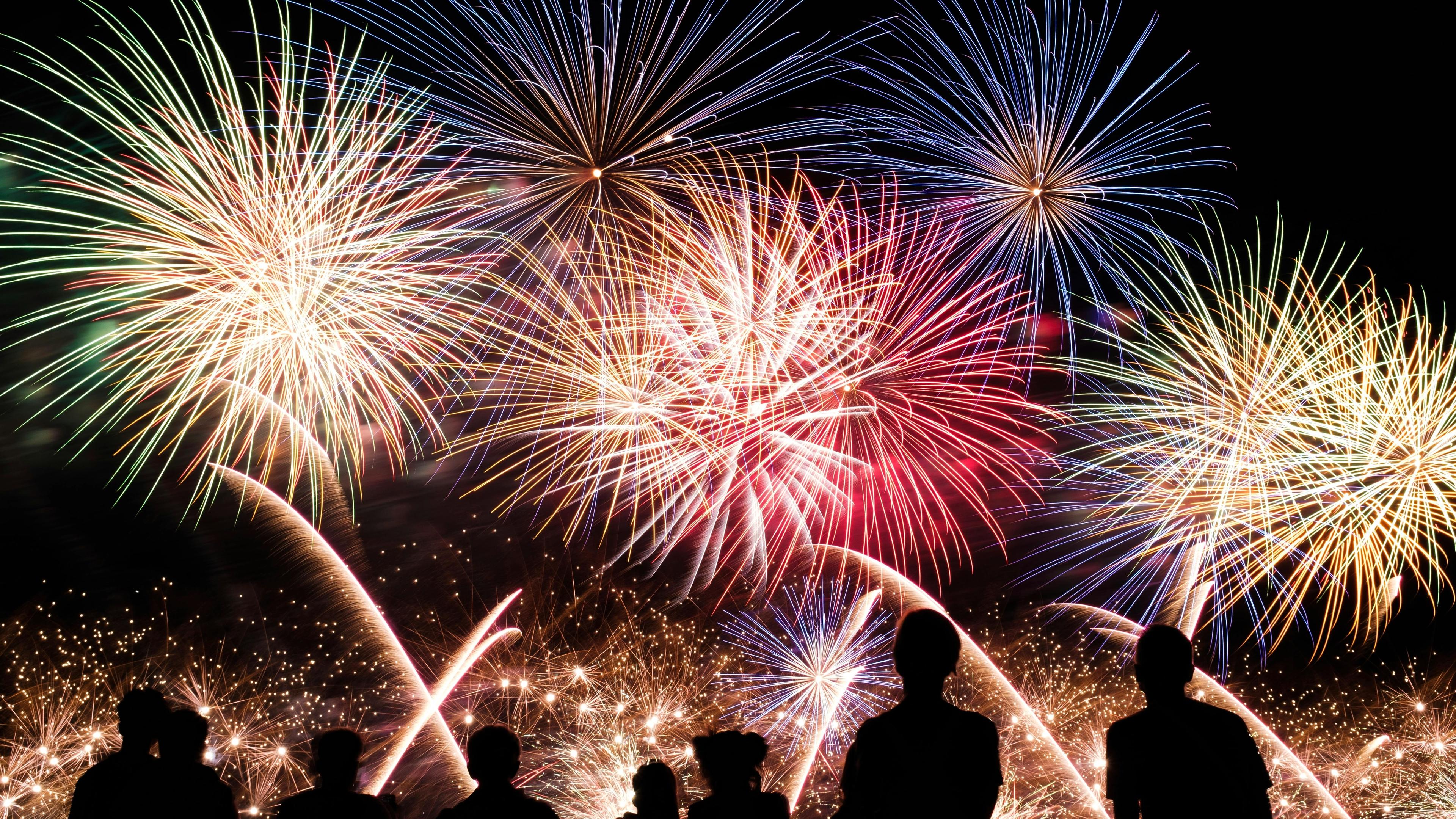 Yellow, red and blue fireworks