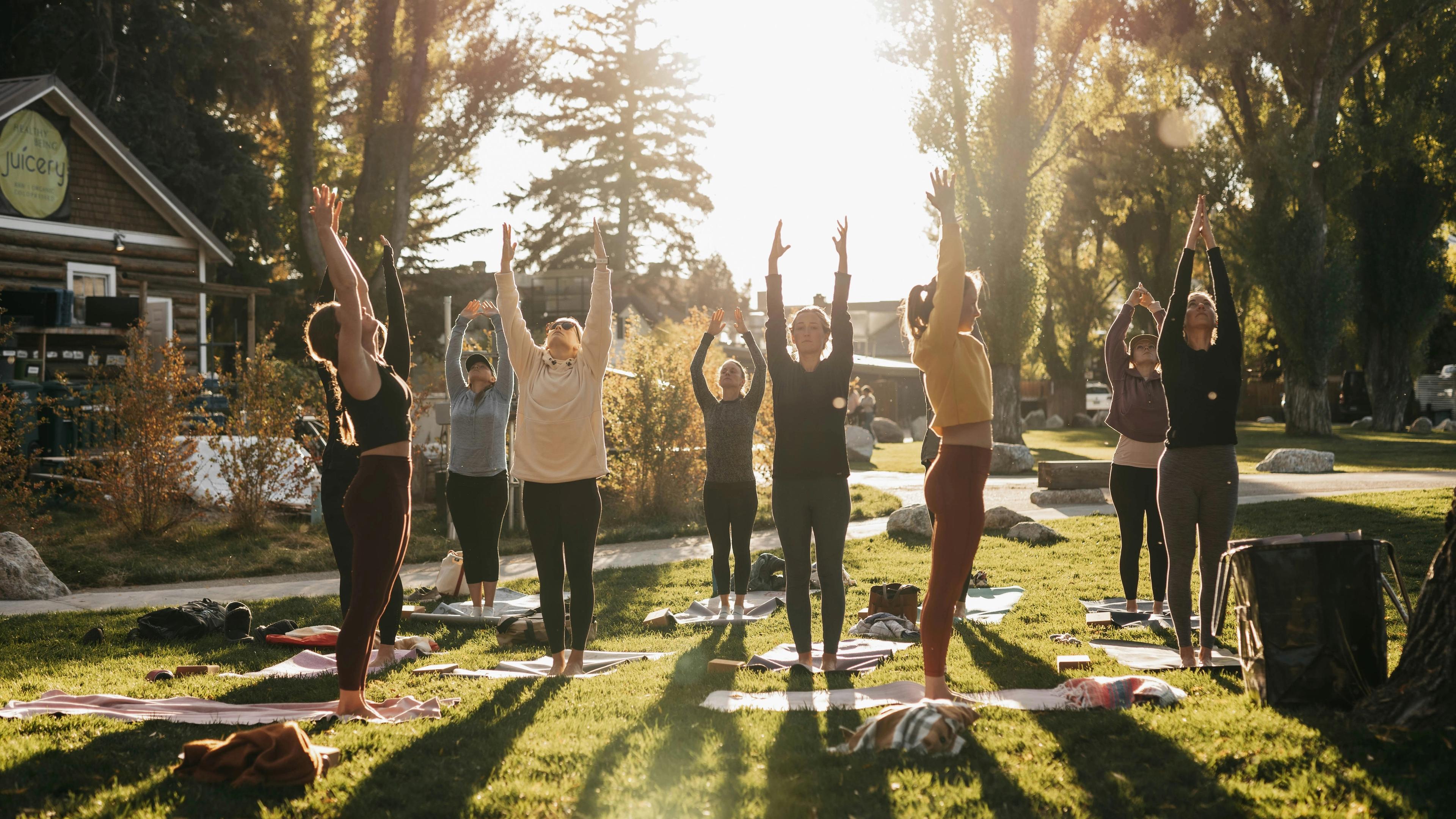 A group of people doing yoga in a park
