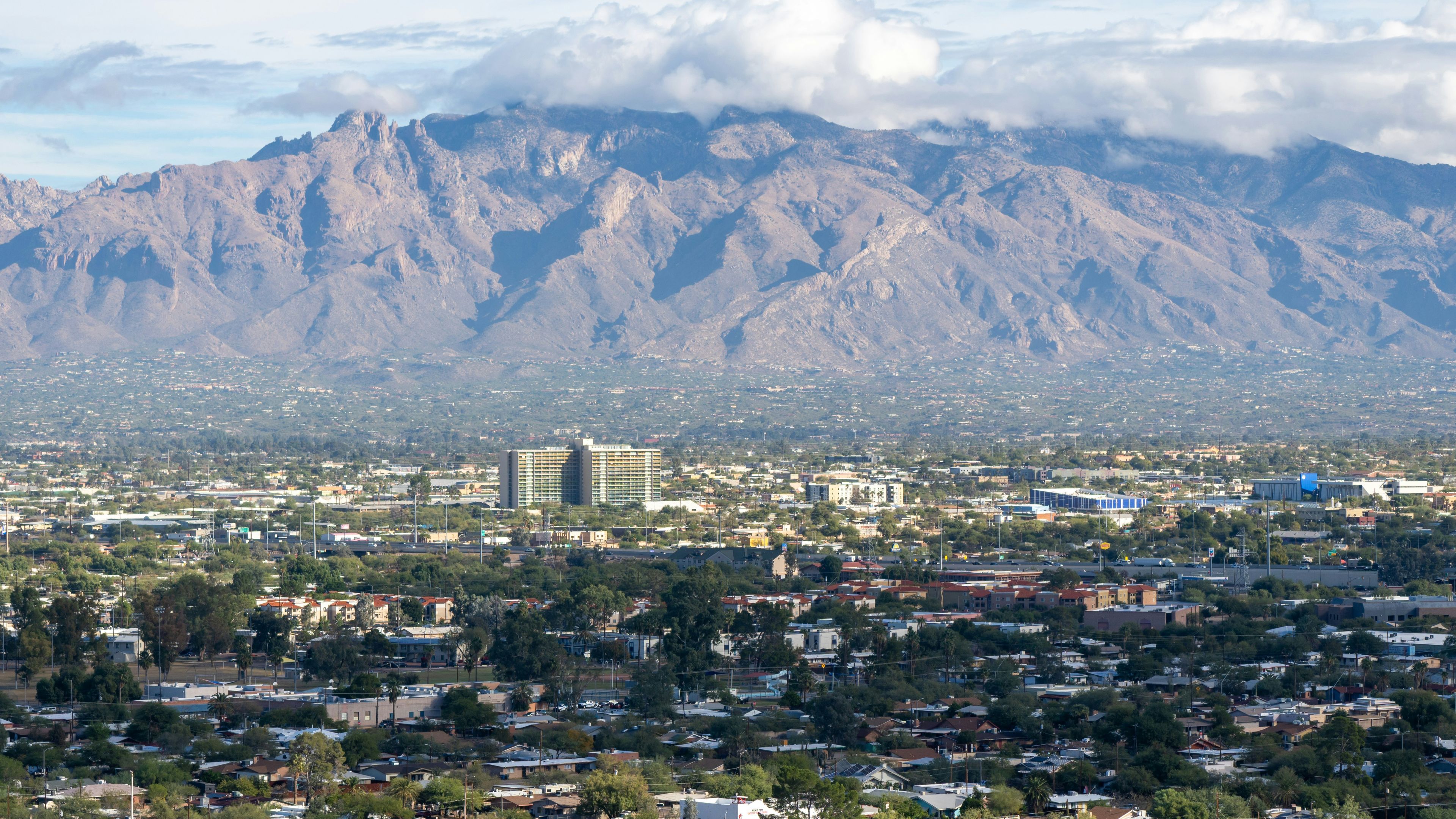 A view of a city with mountains in the background