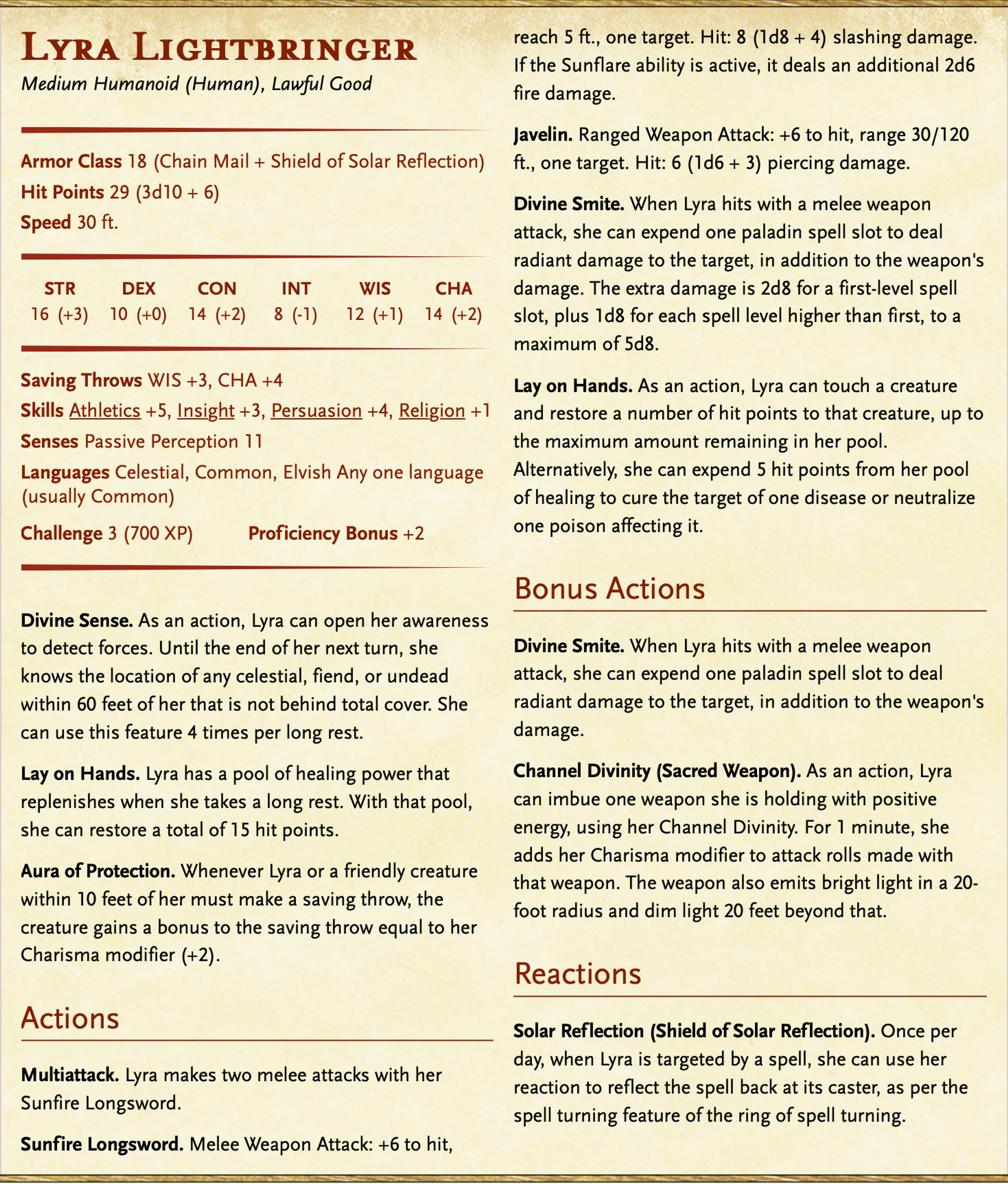 Statblock for Lyra Lightbringer