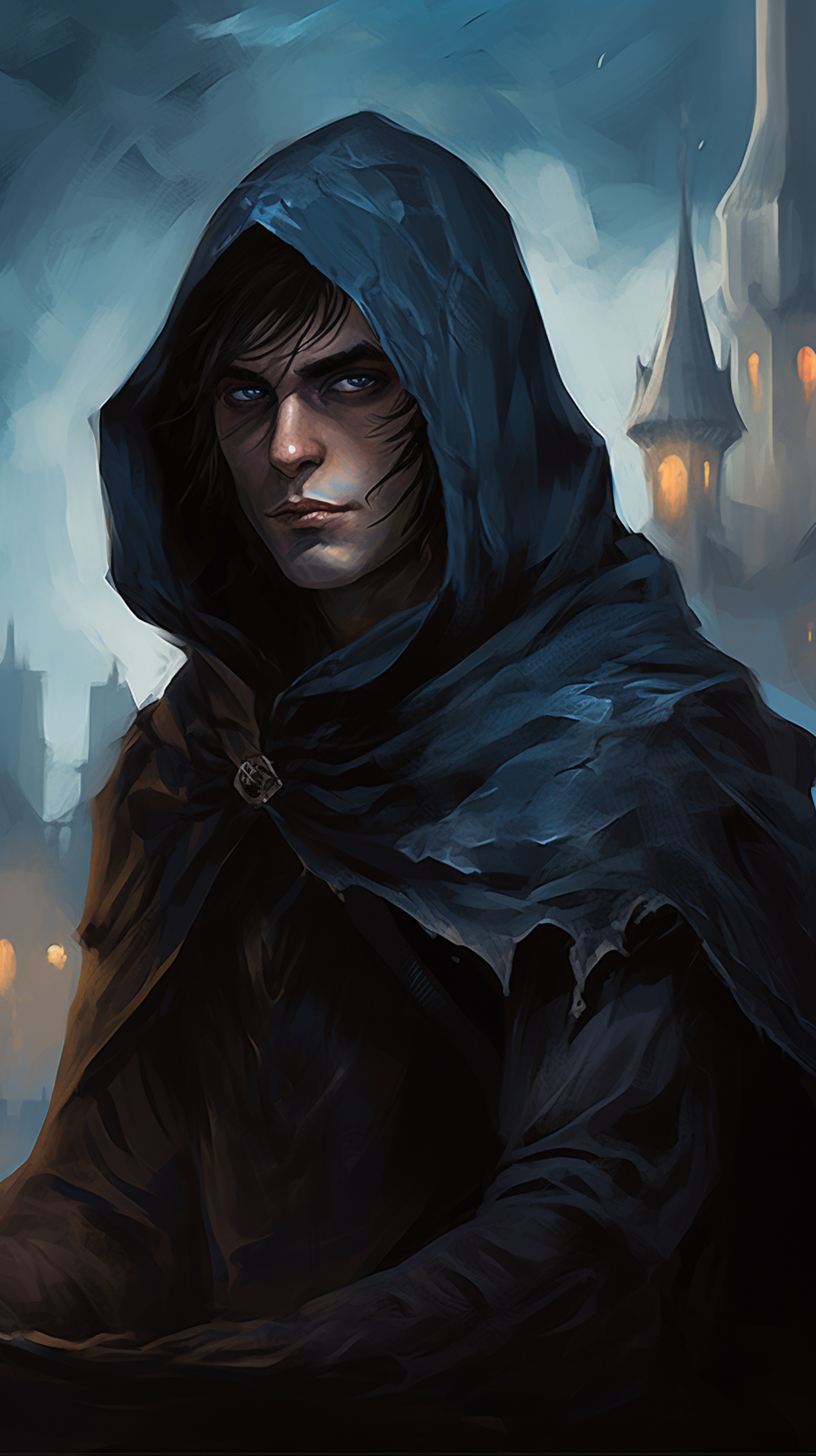 Portrait of a maculate character with cloak and hood showing swept black hair across his face