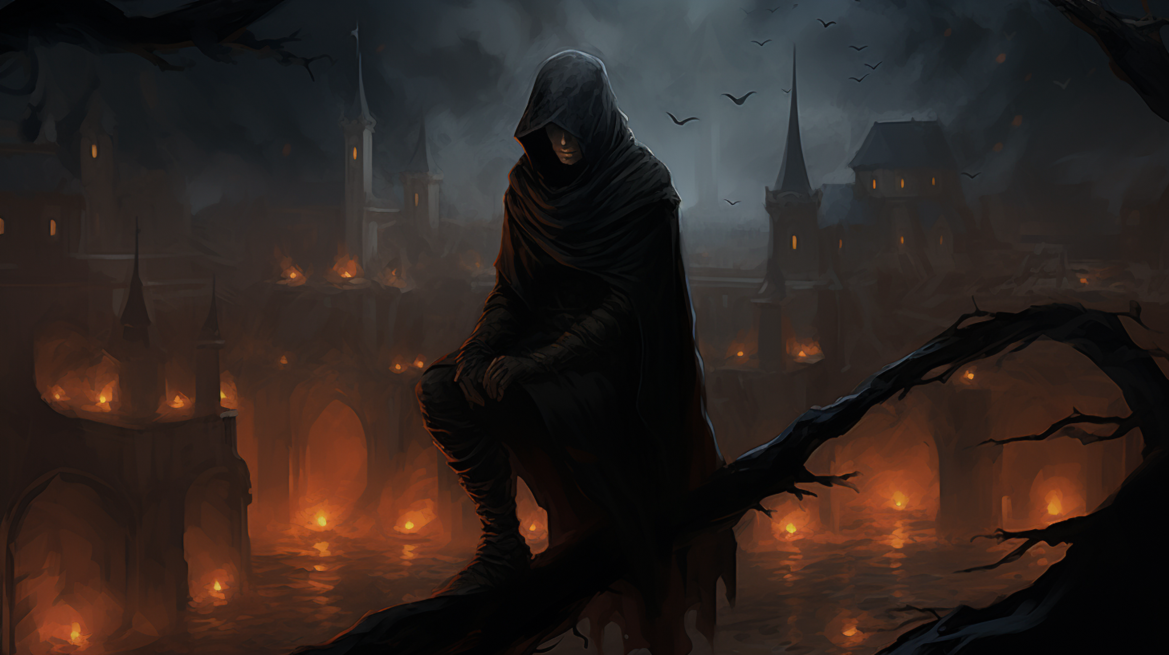 a cloaked character with perched on a branch with a townscape backdrop lit by warm lanterns