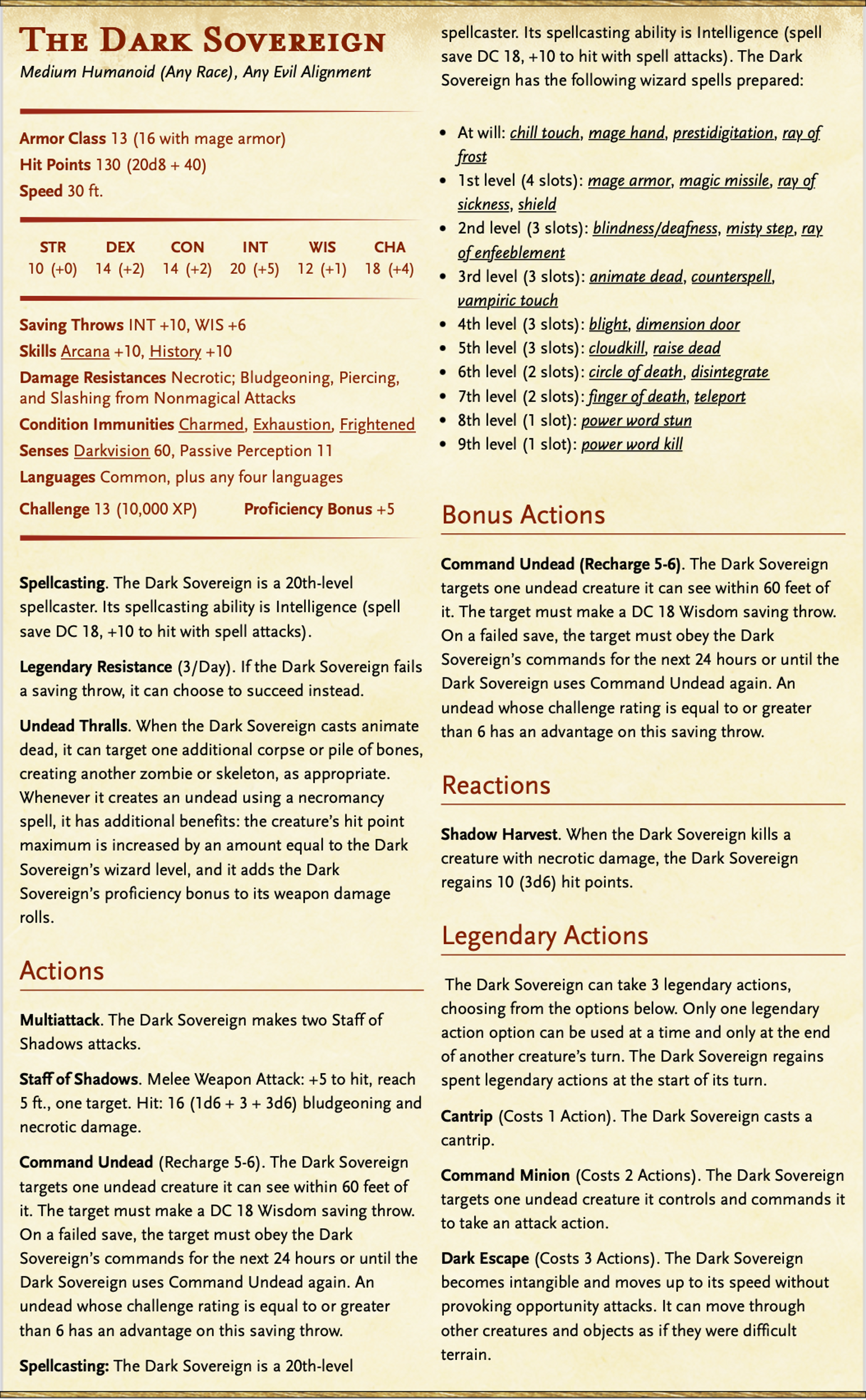 The Dark Sovereign Stat Block Dungeons and Dragons