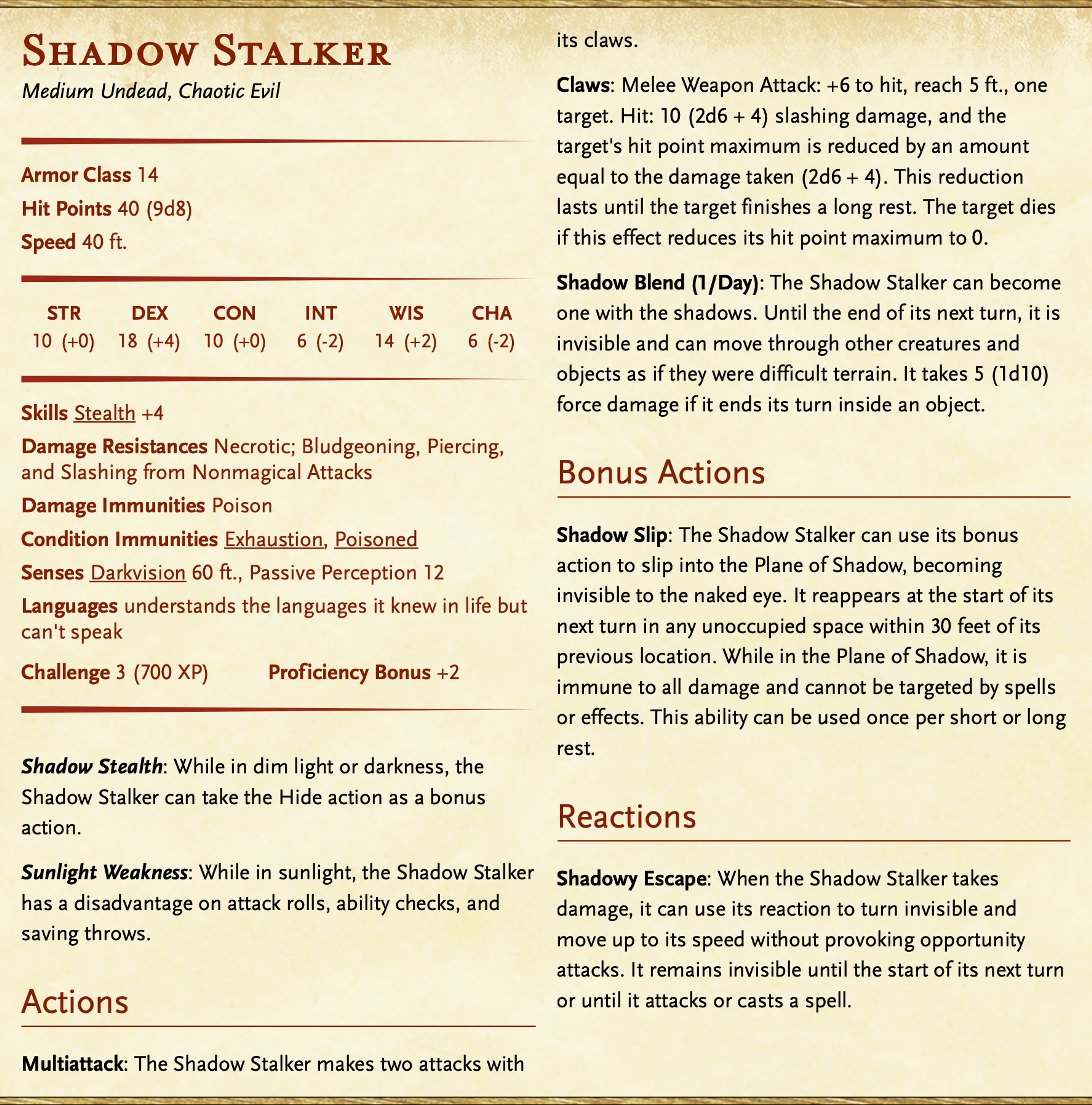Shadow Stalker Stat Block Dungeons and Dragons