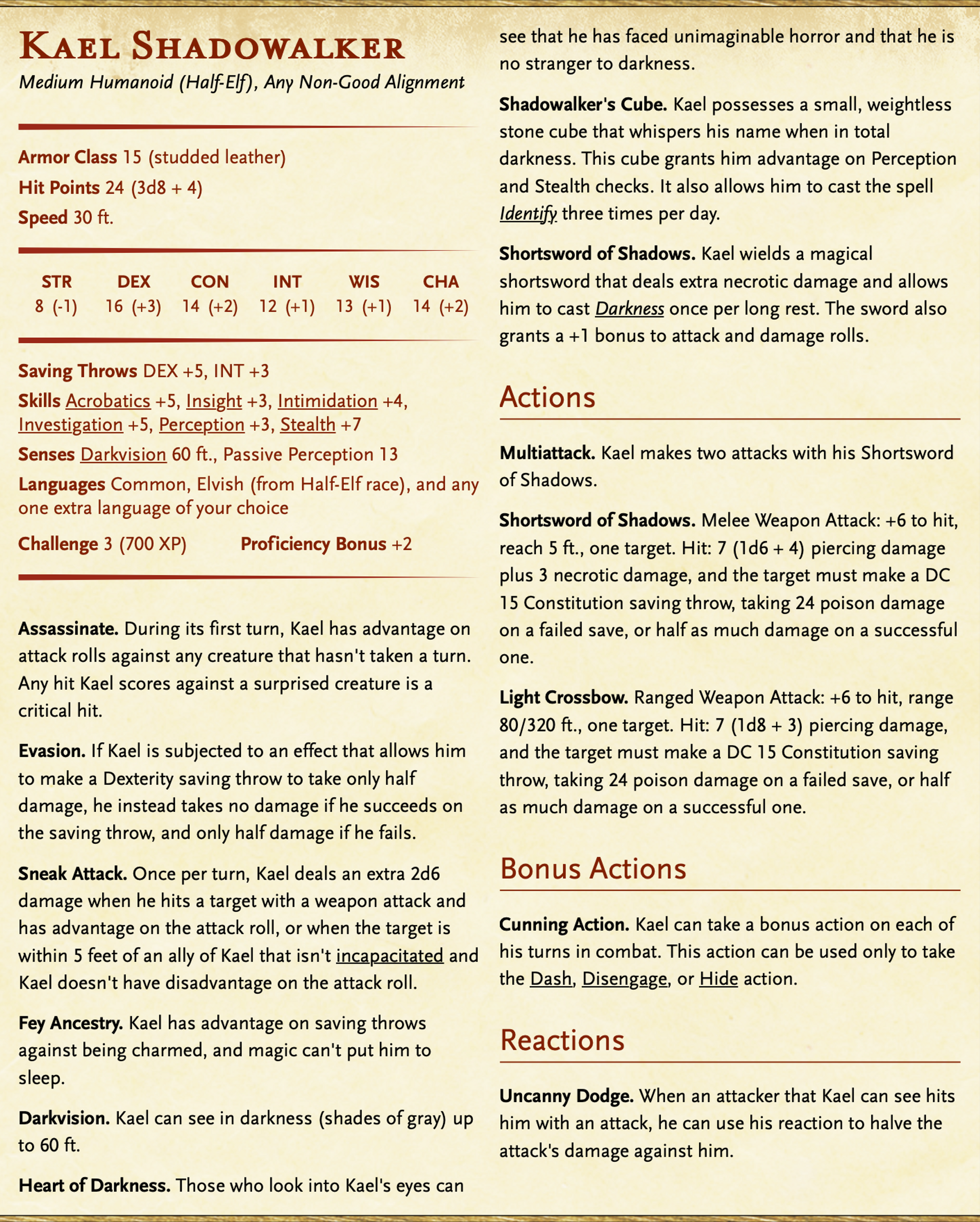 Kael NPC Stat Block Dungeons and Dragons