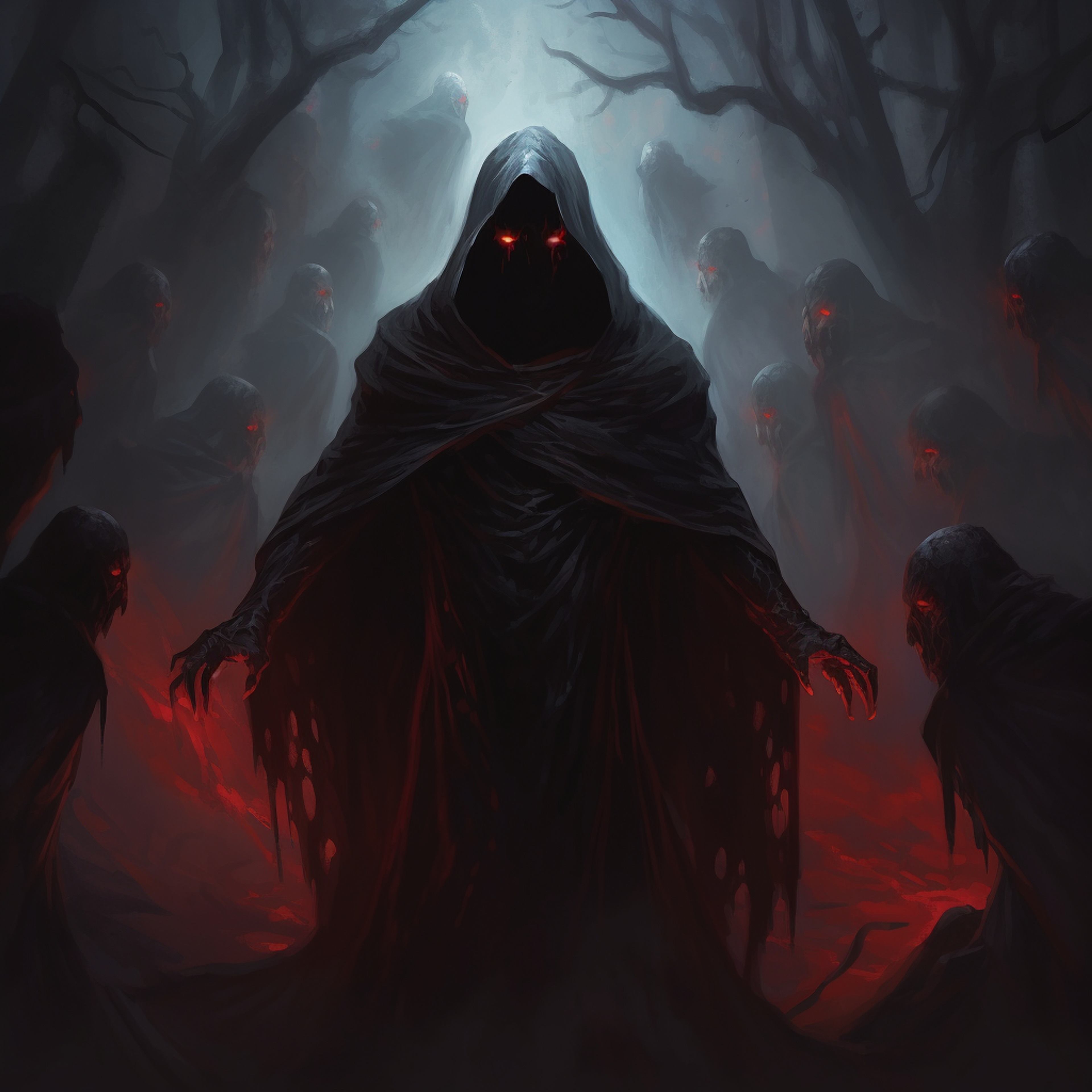 A figure shrouded in shadows with piercing red eyes, surrounded by Shadow Stalkers.