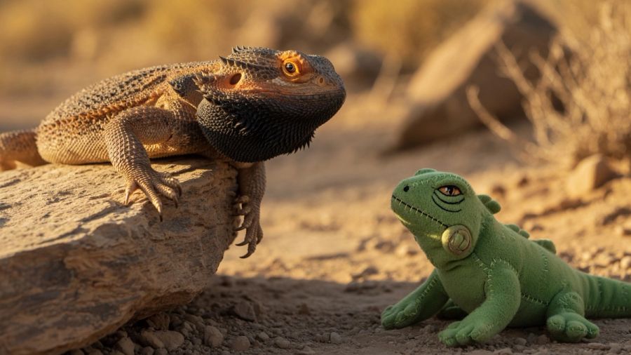 Dex holds his ground at the edge of the basking rock, beard darkened to a thundercloud warning, while the felt iguana stares back with the infuriating serenity of something that has never once questioned its place in the world.