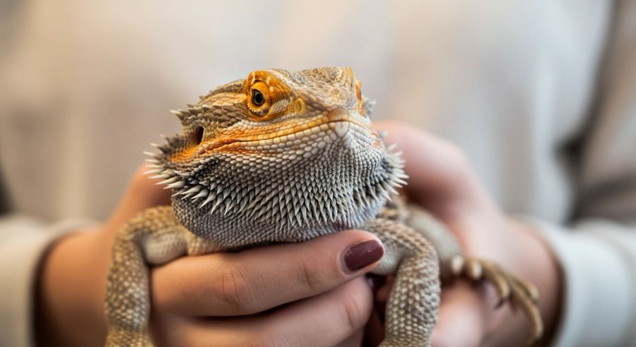 A bearded dragon being held gently by its owner
