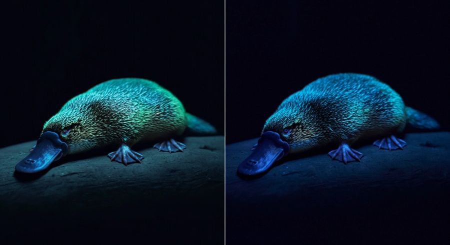 A platypus fur glowing blue-green under ultraviolet UV light, demonstrating biofluorescence
