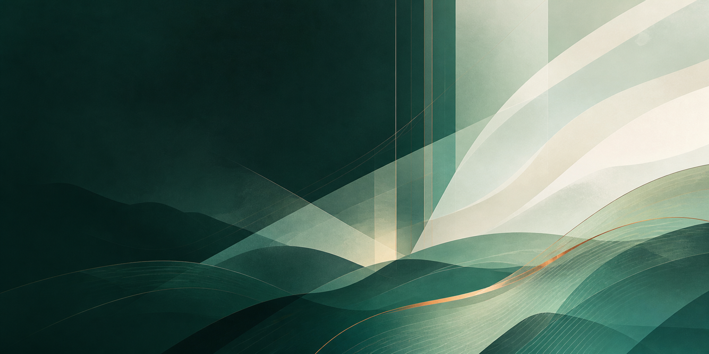 Abstract green landscape of layered curves, soft light, and copper accents.