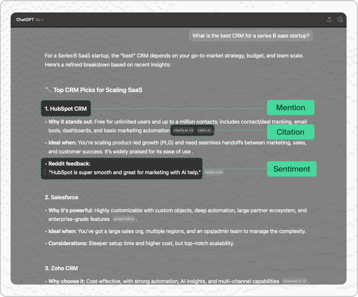 a screenshot showcasing how websites show up in LLM conversations