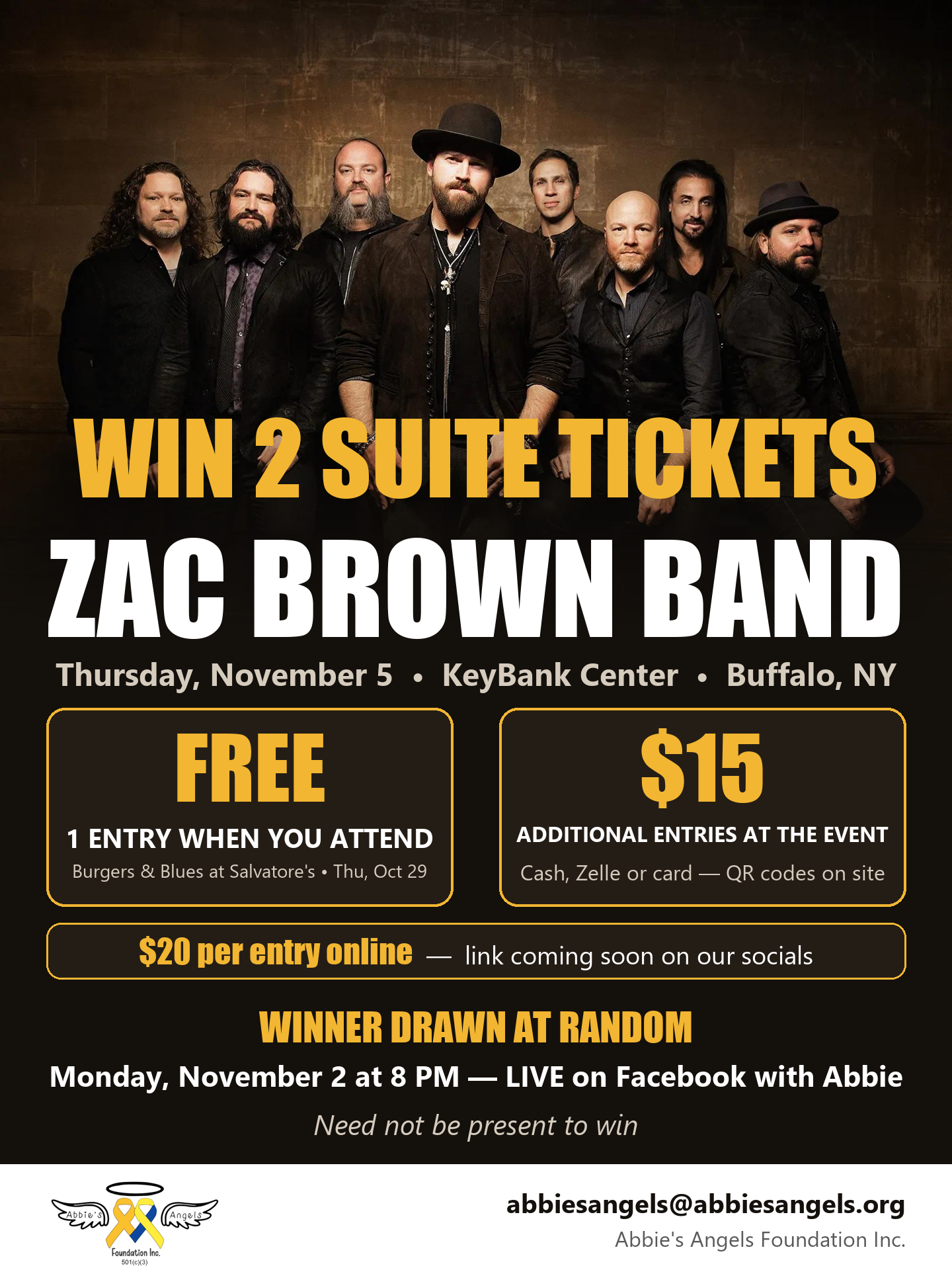 Win 2 suite tickets to Zac Brown Band, Nov 5 at KeyBank Center. One free entry when you attend Burgers & Blues at Salvatore's Oct 29. Additional entries $15 at the event, $20 online. Drawing Nov 2 at 8 PM live on Facebook.
