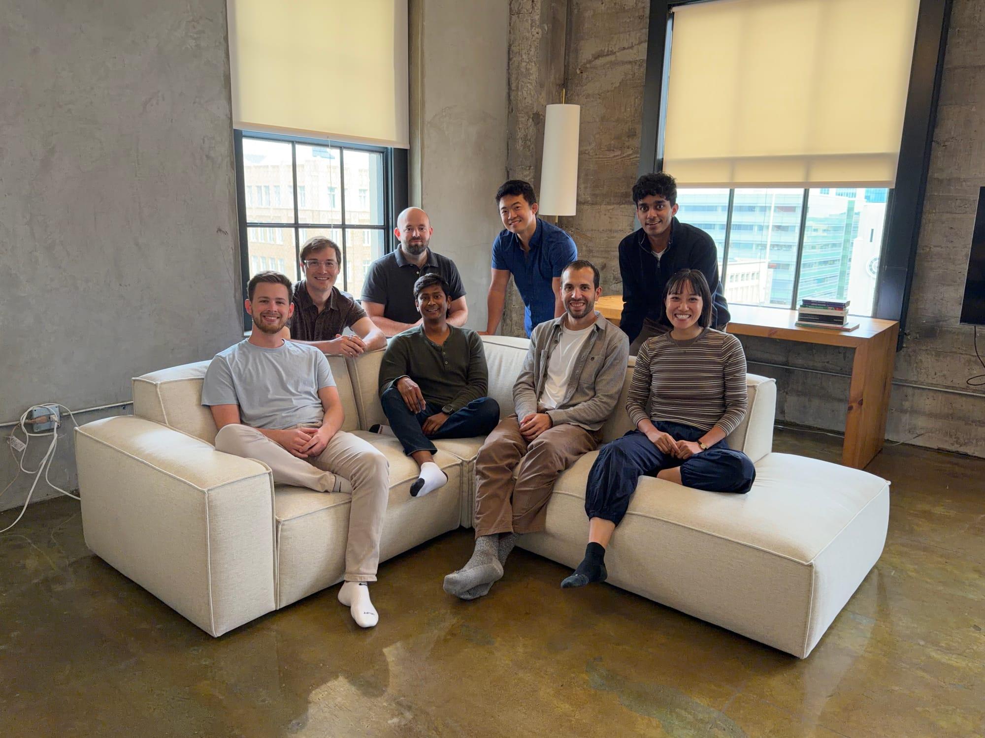 The Kernel team from left to right: Mason, Danny, Sayan, Steven, Hiro, Raf, Phani, Catherine. Yep, we're a no shoes office!