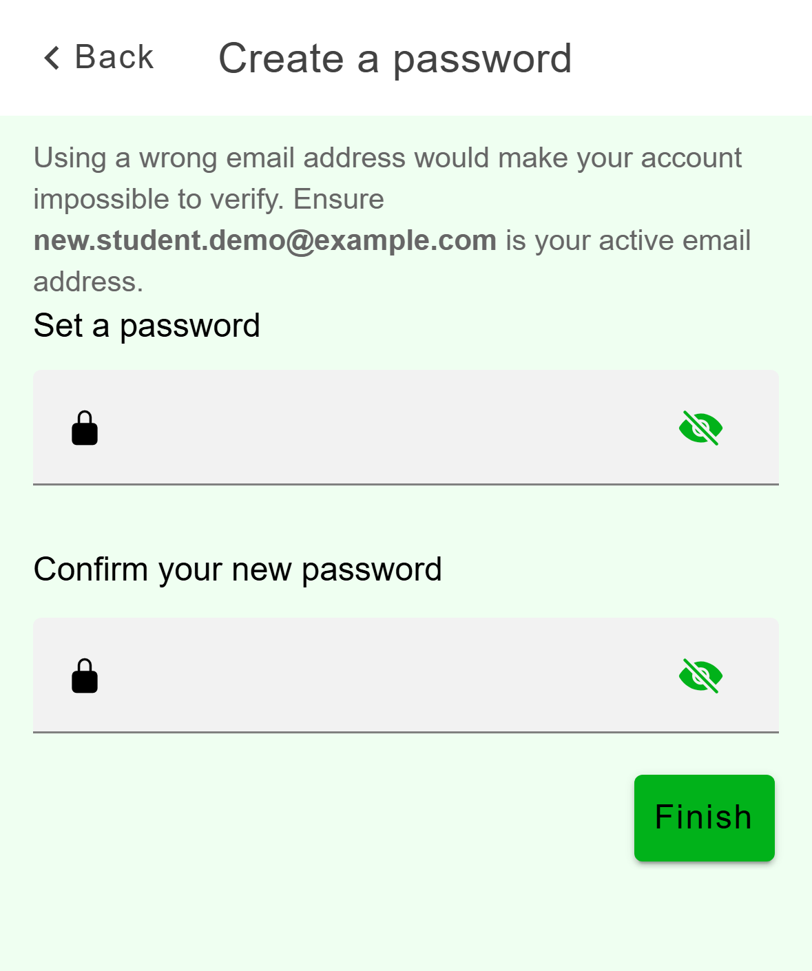The 'Create a password' screen with password and confirm-password fields.