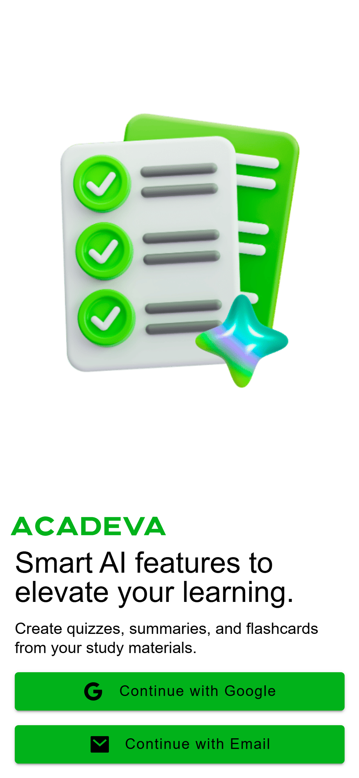 The Acadeva sign-in screen with Continue with Google and Continue with Email buttons.