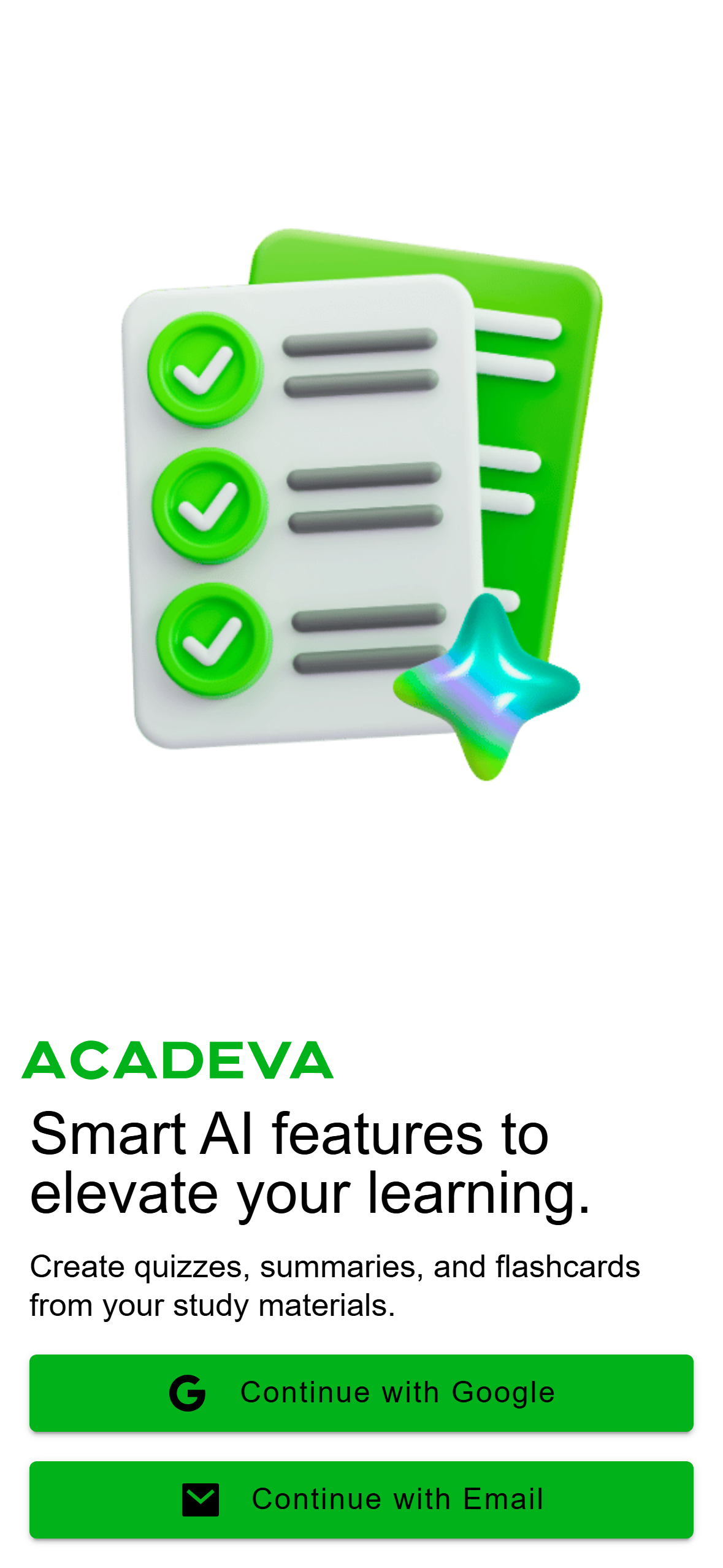 The Acadeva sign-in screen with Continue with Google and Continue with Email buttons.