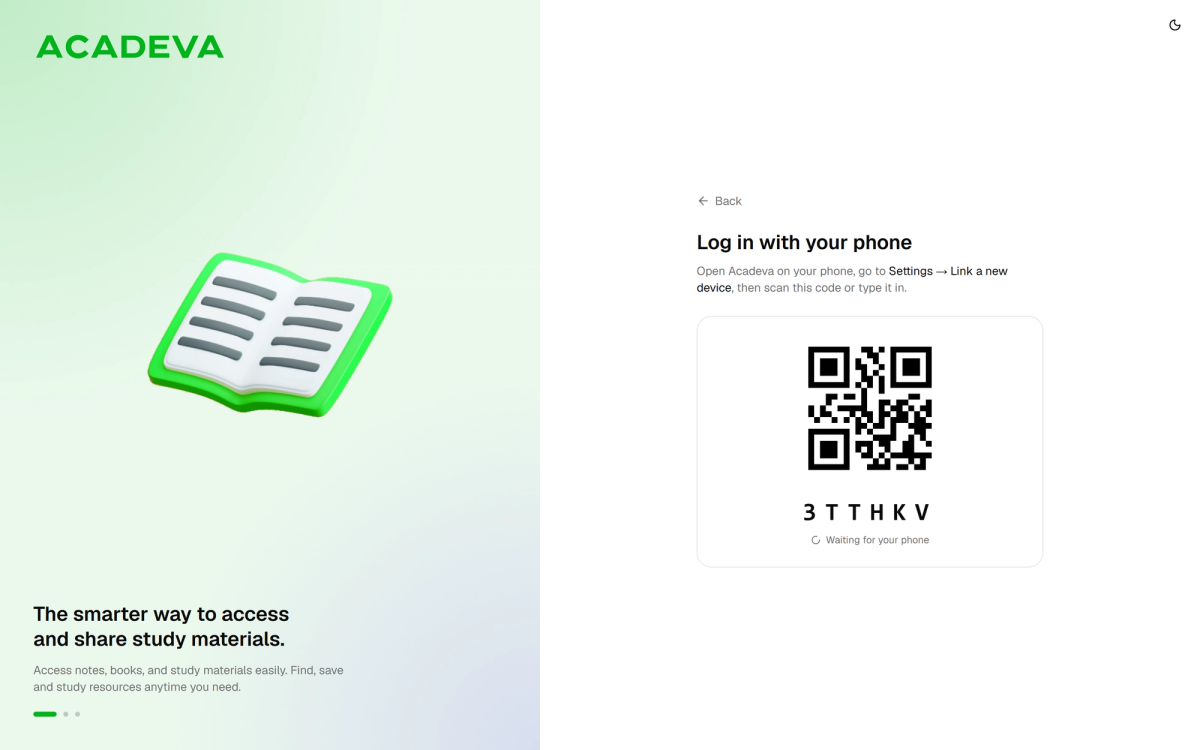 The desktop pairing screen showing a QR code and a six-character pairing code.