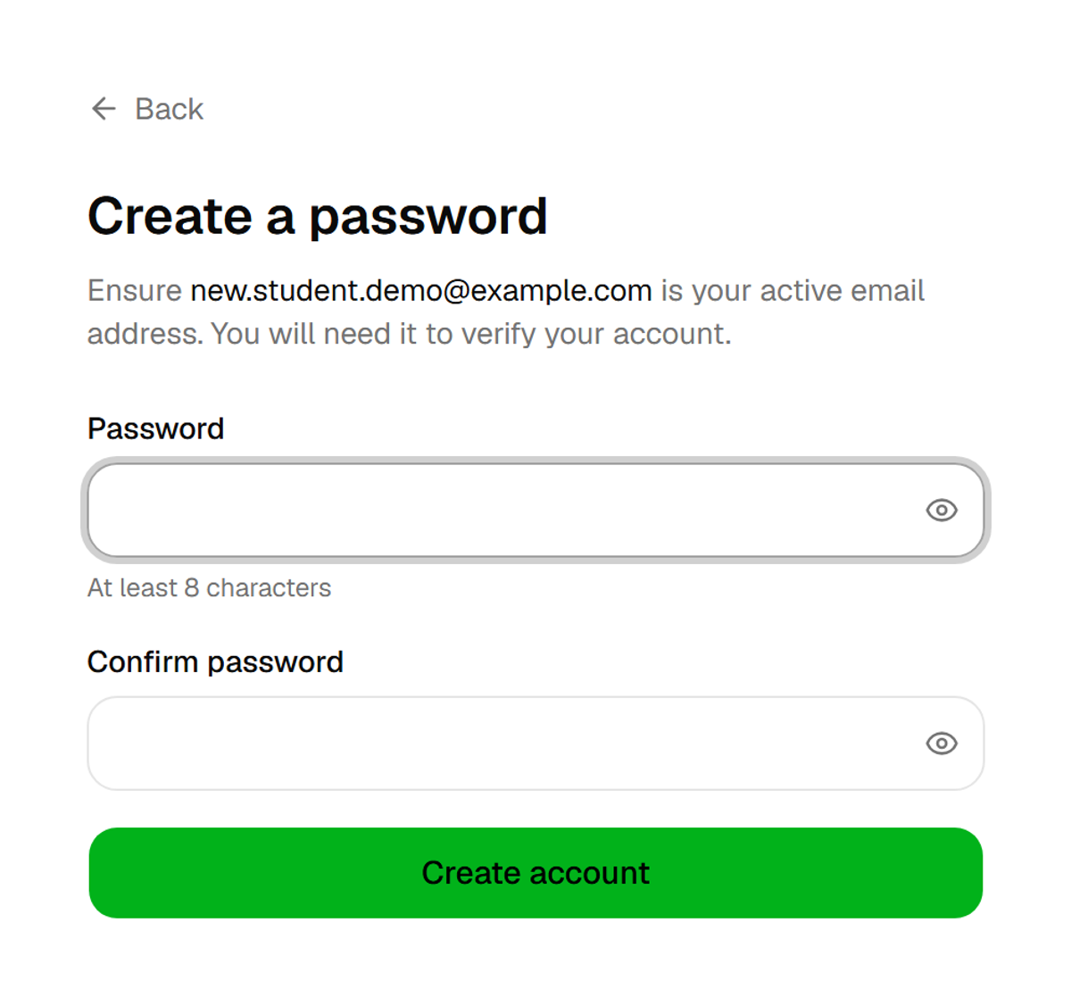 The desktop 'Create a password' step with password and confirm-password fields.