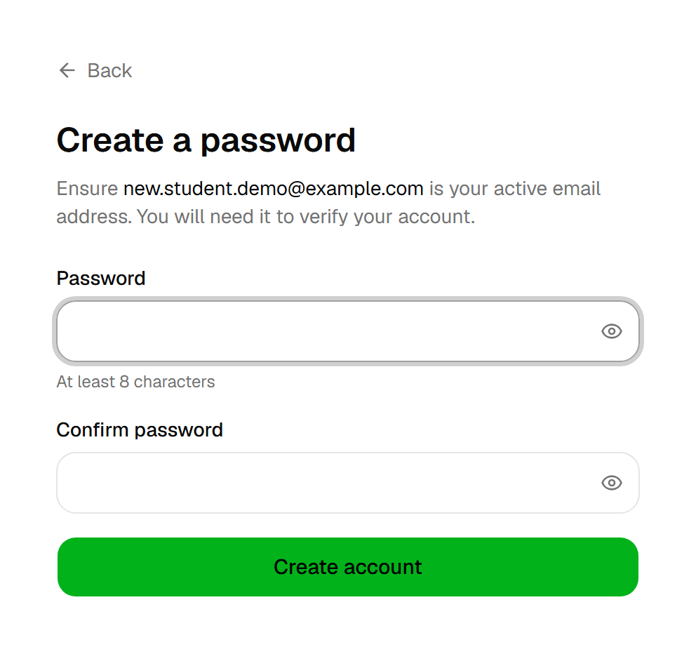 The desktop 'Create a password' step with password and confirm-password fields.