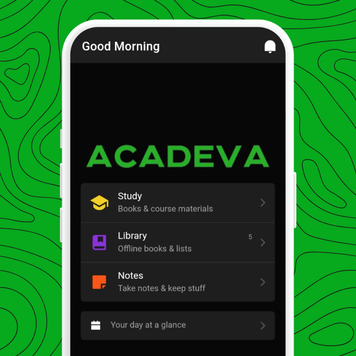 Acadeva's home screen
